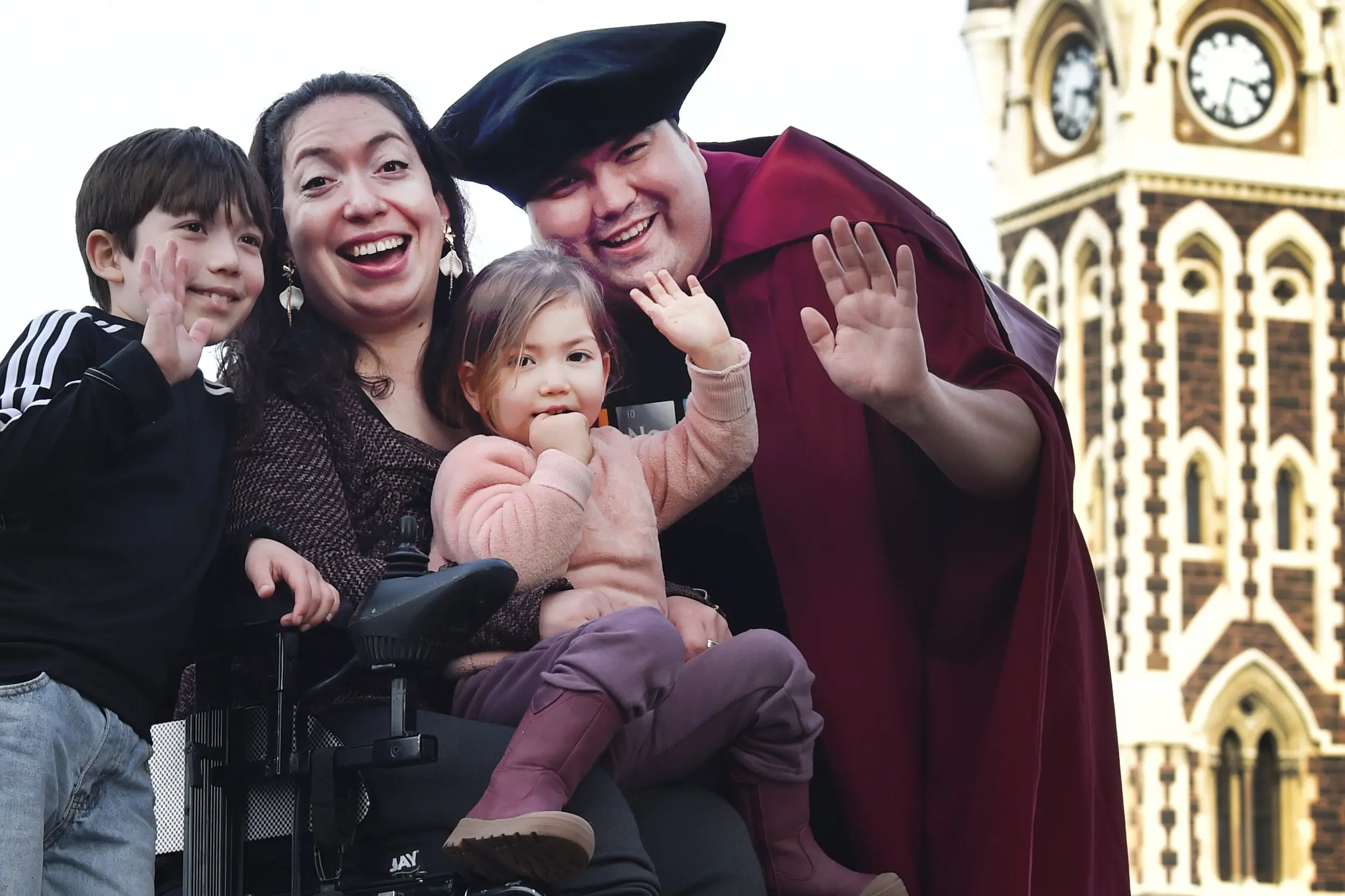 University of Otago genetics PhD graduate Benjamin\\u00A0Duran-Vinet (right) with his wife Karla Araya-Castro  and their children Maximo Duran-Araya, 8, and Amelia Duran-Araya, 2. Photo: Peter McIntosh