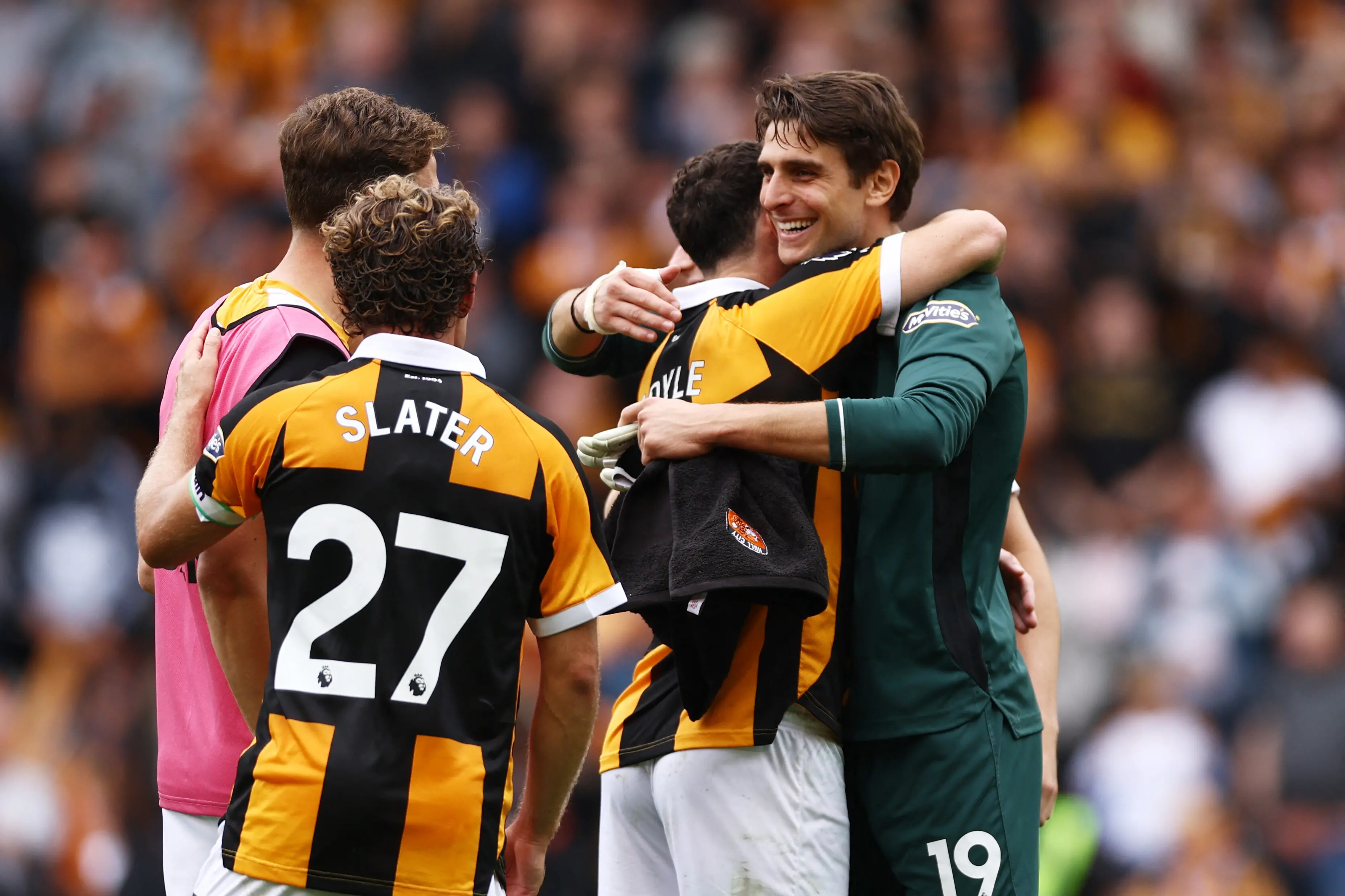 Hull City\\'s Konstantinos Tzolakis and Lewie Coyle celebrate after the winn over Manchester United. Photo: Action Images via Reuters/