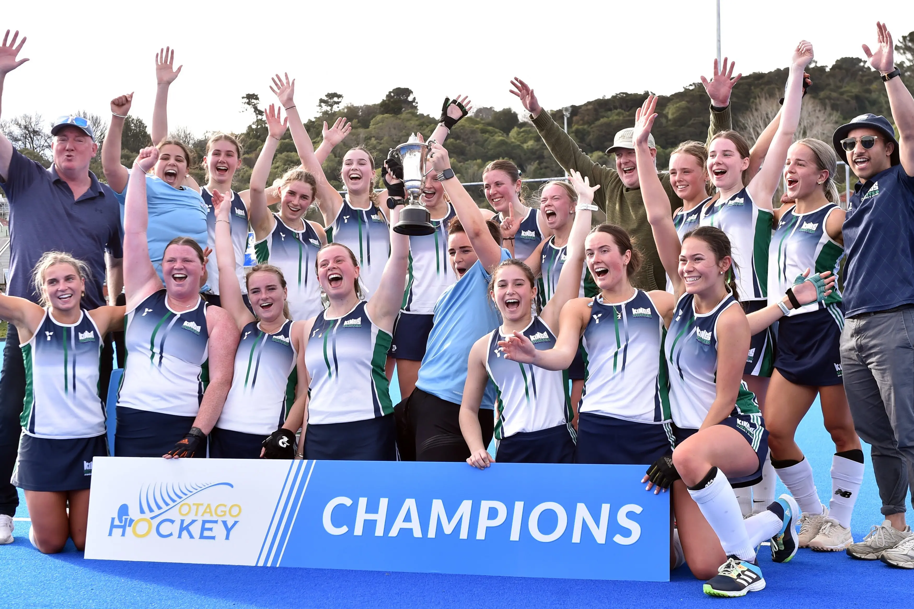 Kings United Royals players celebrate victory in the Dunedin premier women\\'s club hockey final at the McMillan Centre on Saturday. Photo: Peter McIntosh
