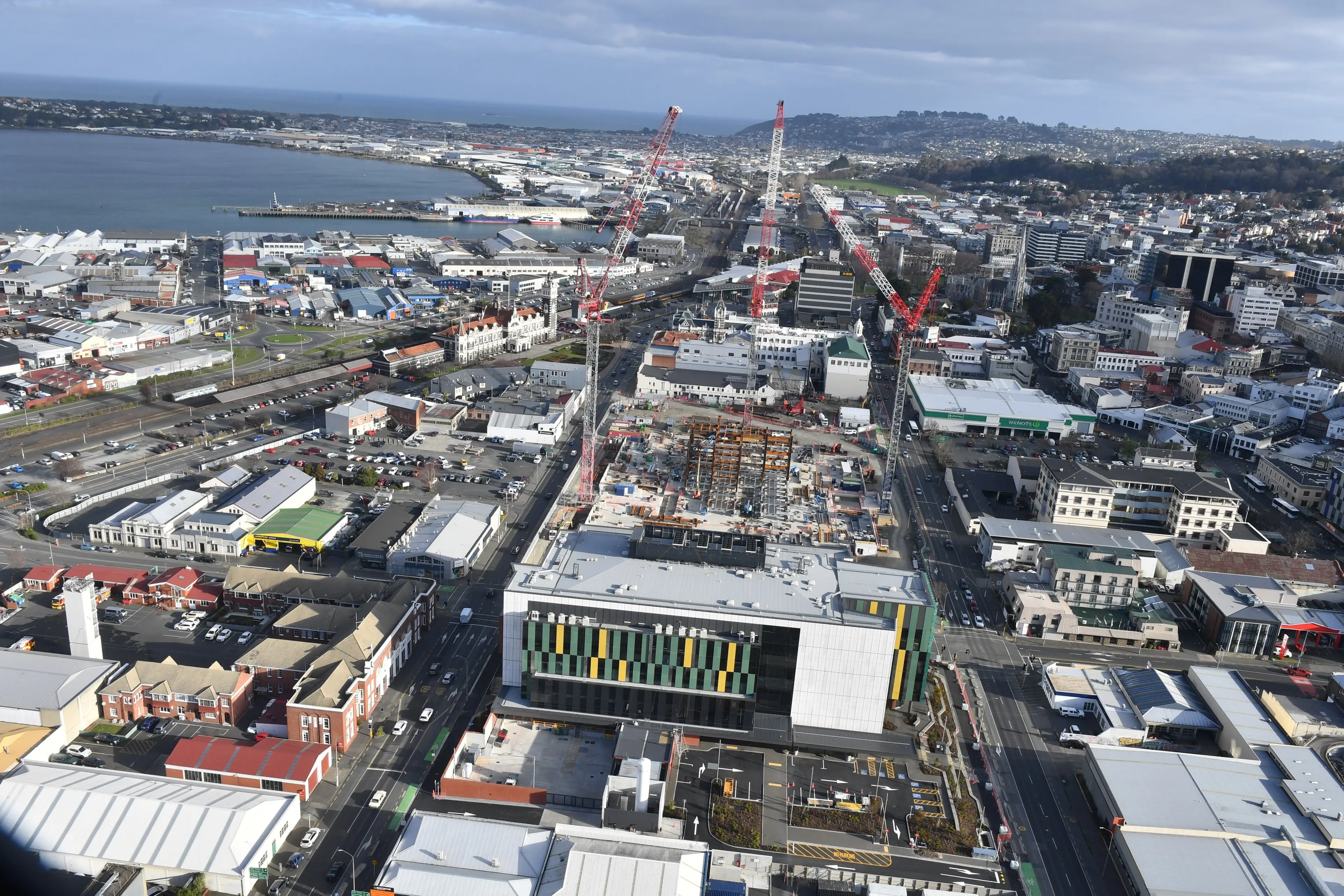 Dunedin Hospital outpatient building looking south to inpatient building site. Photo: Stephen Jaquiery