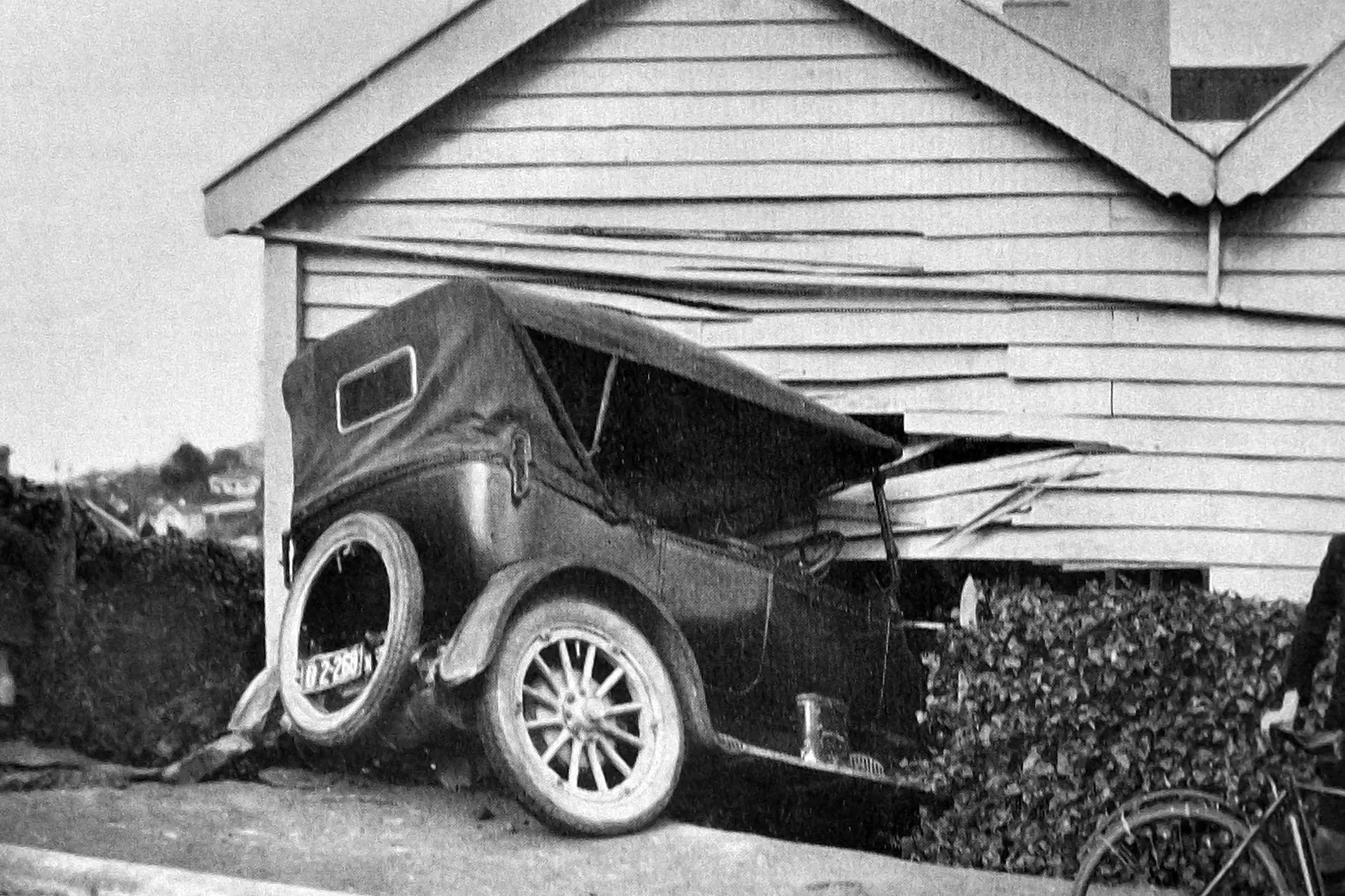 A motor car which broke through the wall of a Mornington, Dunedin residence. Photo: <i>Otago Witness</i>, issue 3785, September 28, 1926, page 44