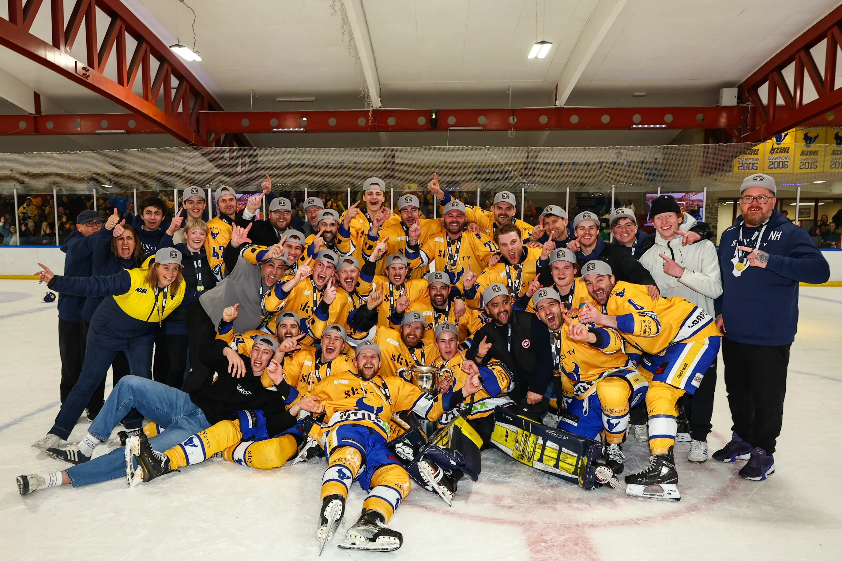 Stampede celebrate their sixth consecutive New Zealand Ice Hockey League title. Photo: James Allan