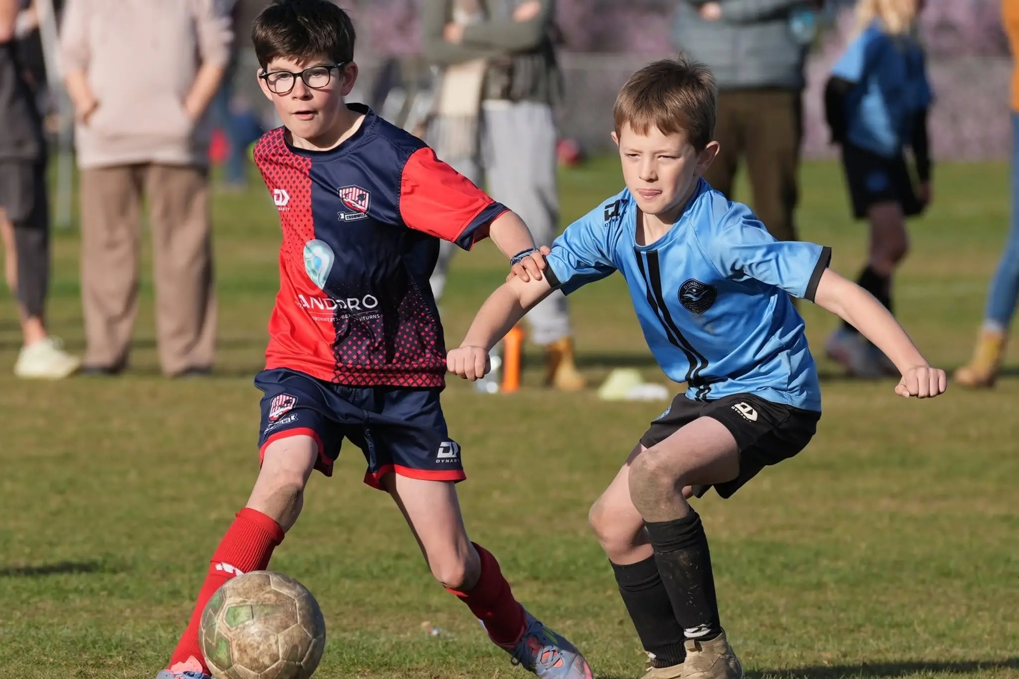 Cromwell player George Lipscombe, 10, and Dunedin City Royals player Oliver Oxley, 9, contest for the ball during Football Waitaki\\'s annual junior tournament at Awamoa Park earlier this month. Photo: Dave Naldrett