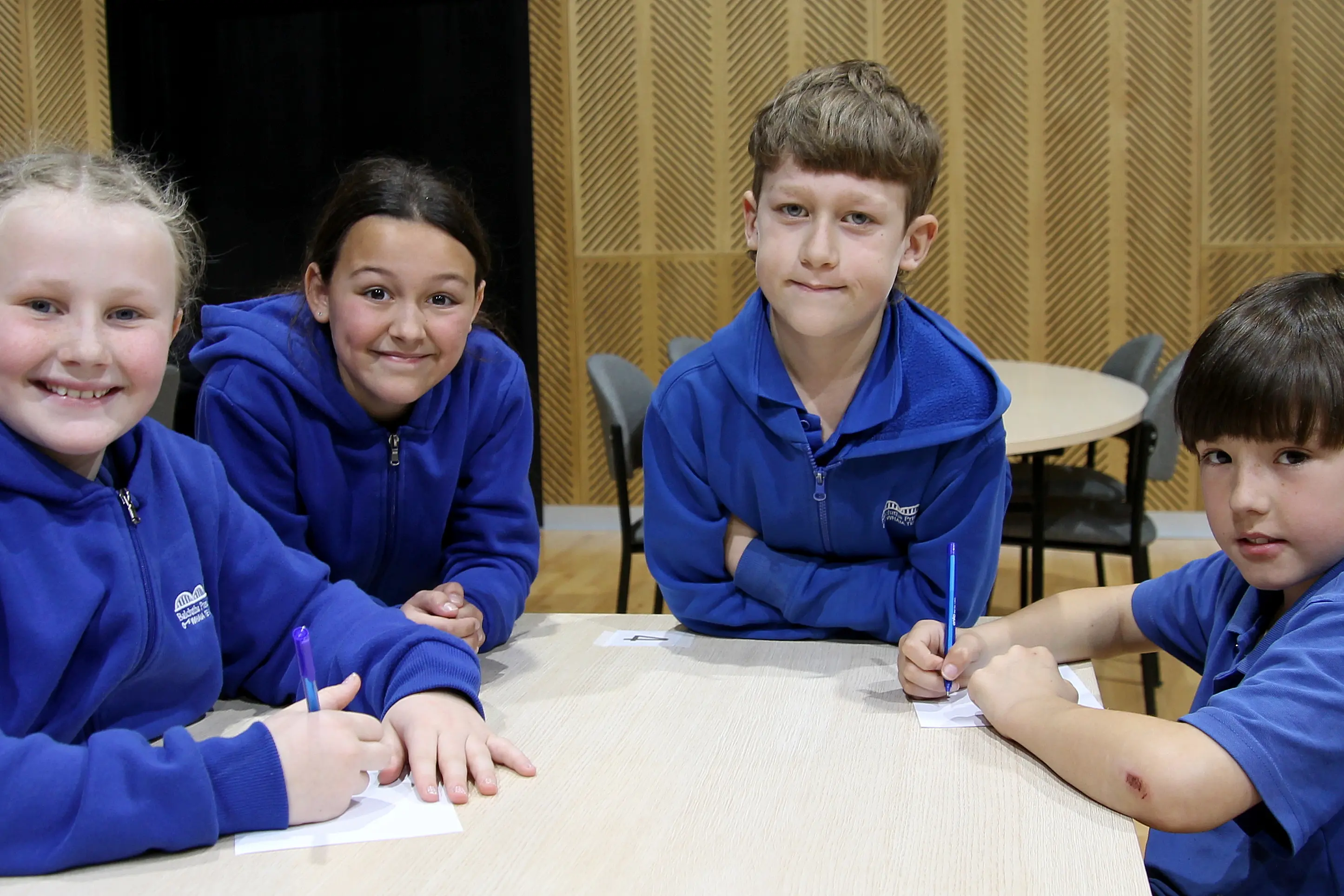 Balclutha Primary School mathletes Aubree Watt, 10, Marama Pearson, 9, Rokus Ootes, 9 and Jonty Inglis, 10 mustered nerves for their first Mathalon at Balclutha\\'s TP\\u014CMA on Wednesday, August 19. Photo: Nick Brook