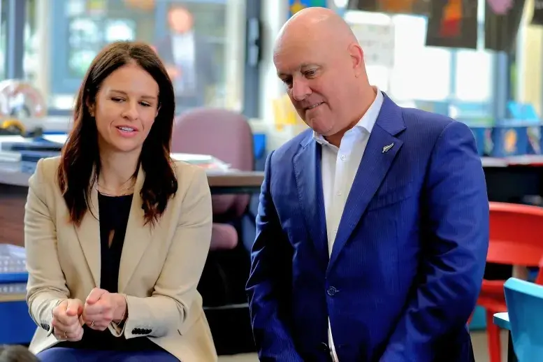 Prime Minister Christopher Luxon (R), seen here with Education Minister Erica Stanford, says both parents and social media companies have a role to play in monitoring what social media platforms children are on. Photo: RNZ