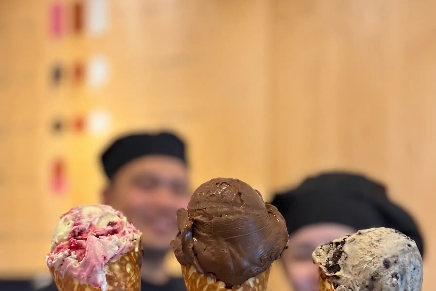 Golden scoops: Patagonia Chocolates\\' gold medal-winning marscapone cheese & fruits of the forest, dark chocolate sorbet and vanilla & cookies. Photo: Supplied