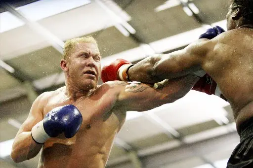 Shane \"Mountain Warrior\" Cameron faces off against Robert \"Desert Storm\" Davis during their fight at the Gisborne Equestrian Centre in March 2009. Cameron won by TKO. Photo: Brett Mead