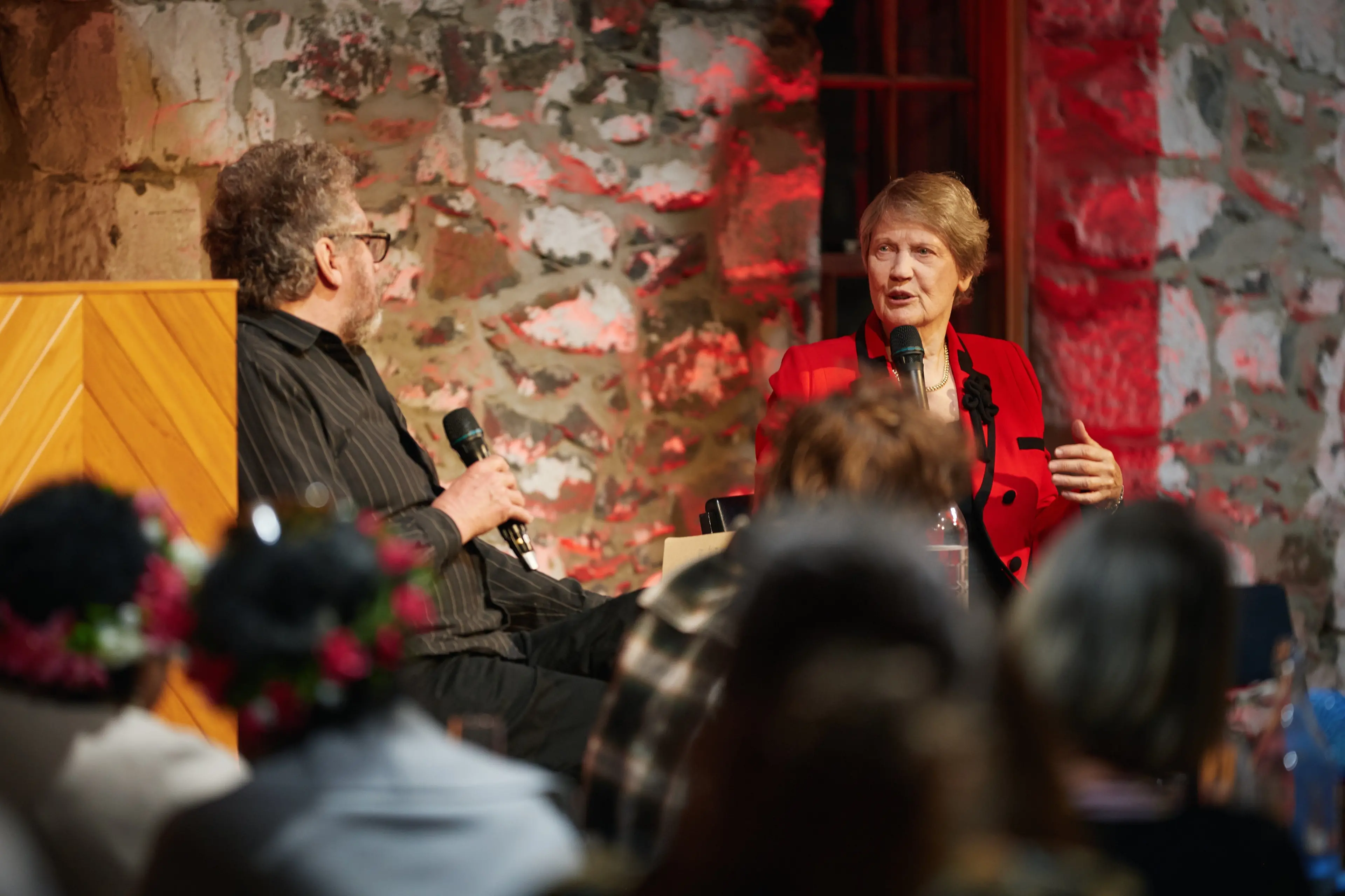 Winchester based journalist John Sellwood (left) interviewed former prime minister Helen Clark (right) in Timaru last week. Photo: Brad Reeve