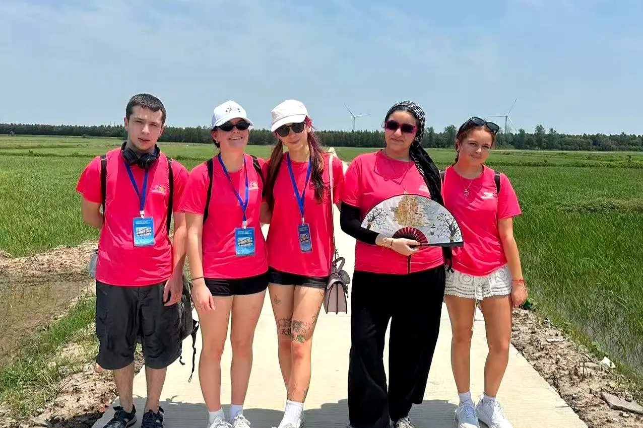 Enjoying a trip of a lifetime to Shanghai are (from left) Otago Boys\\' High School student Odin Callander, 18, Columba College student Ruby Peden, 18, Queen\\'s High School teacher Kenzie Jinx, Queen\\'s High School students Malak Tamimi, 16, and Kaiya Goswami, 17. Photo: Supplied