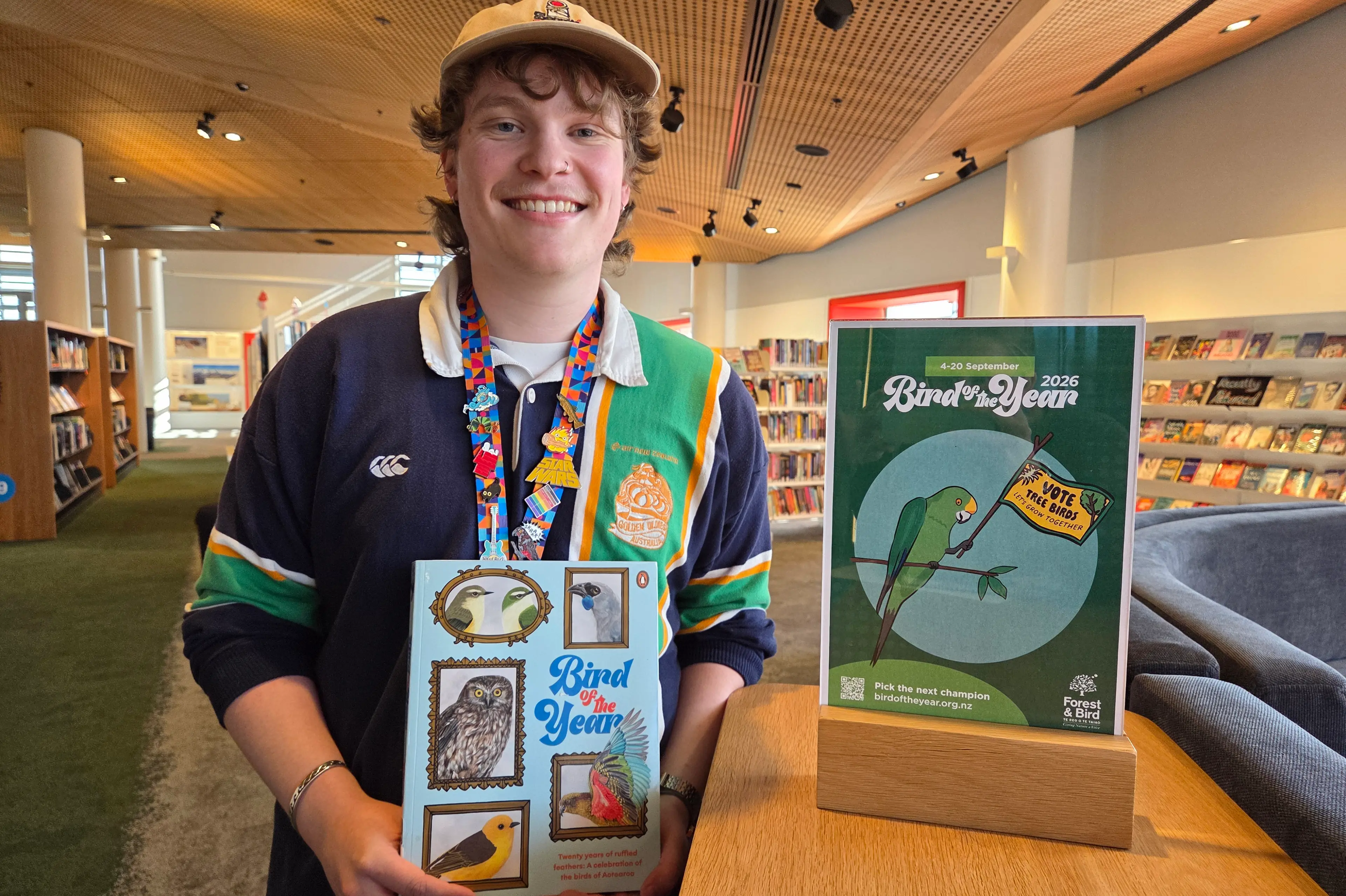 \\u200BTe Ara \\u0100tea\\u00A0library assistant Charlie Hofmeester started the idea for the campaign\\u00A0k\\u0101k\\u0101riki karaka/orange-fronted parakeet to be the bird of the year. Photo: Supplied