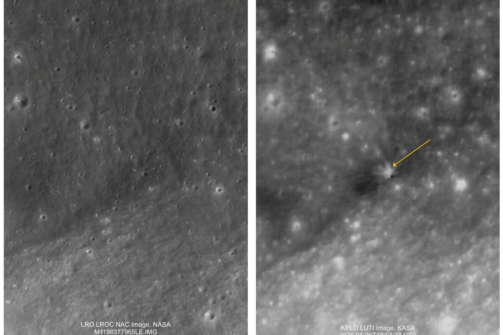 A composite of satellite images shows the surface of the moon before (left), October 1, 2015, and after the crash (right) of the second stage of a SpaceX Falcon 9 rocket. Photo: Reuters