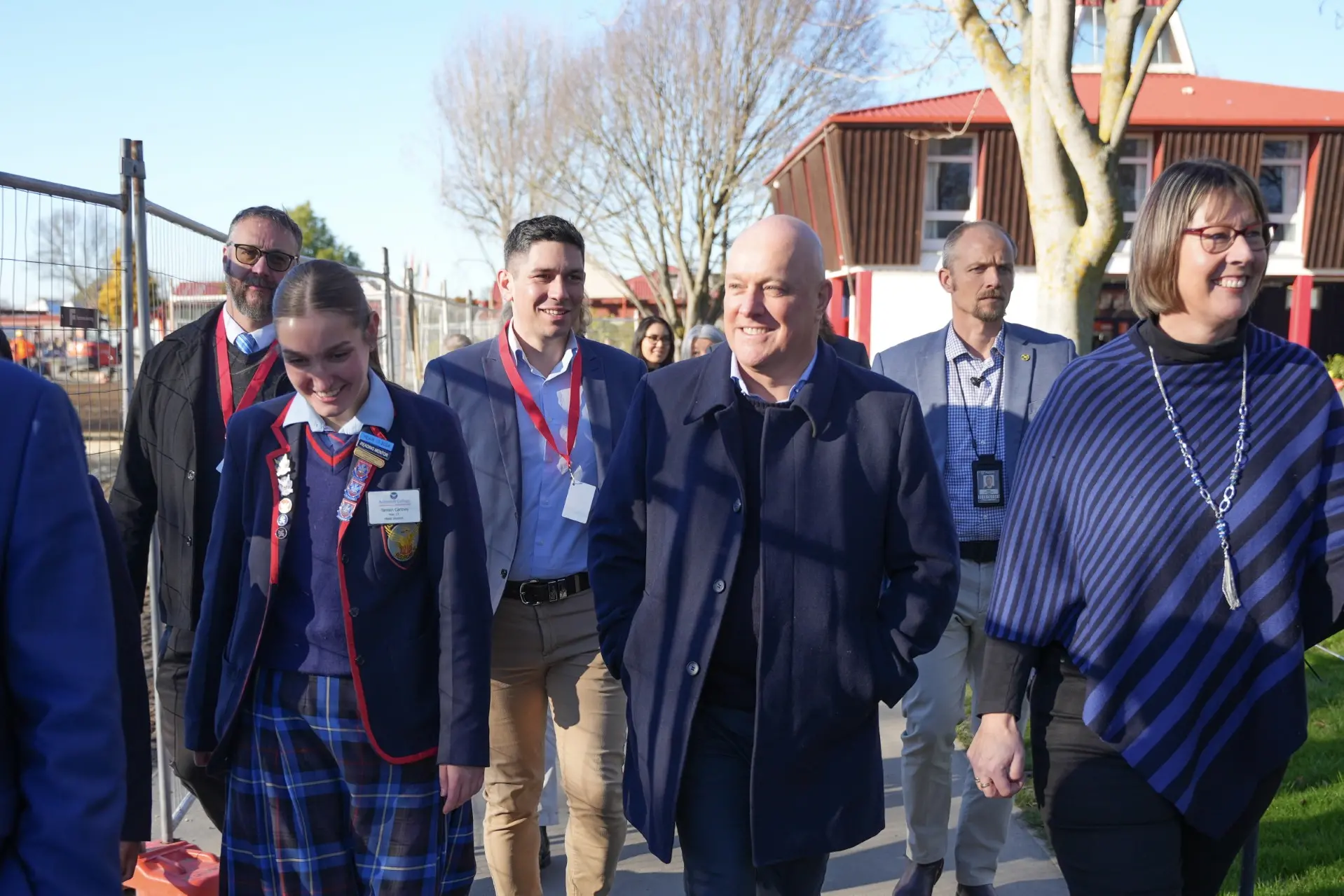 Rangitata MP James Meager (third from left) and Prime Minister Christopher Luxon (fourth from left) at Ashburton College. Photo: Supplied