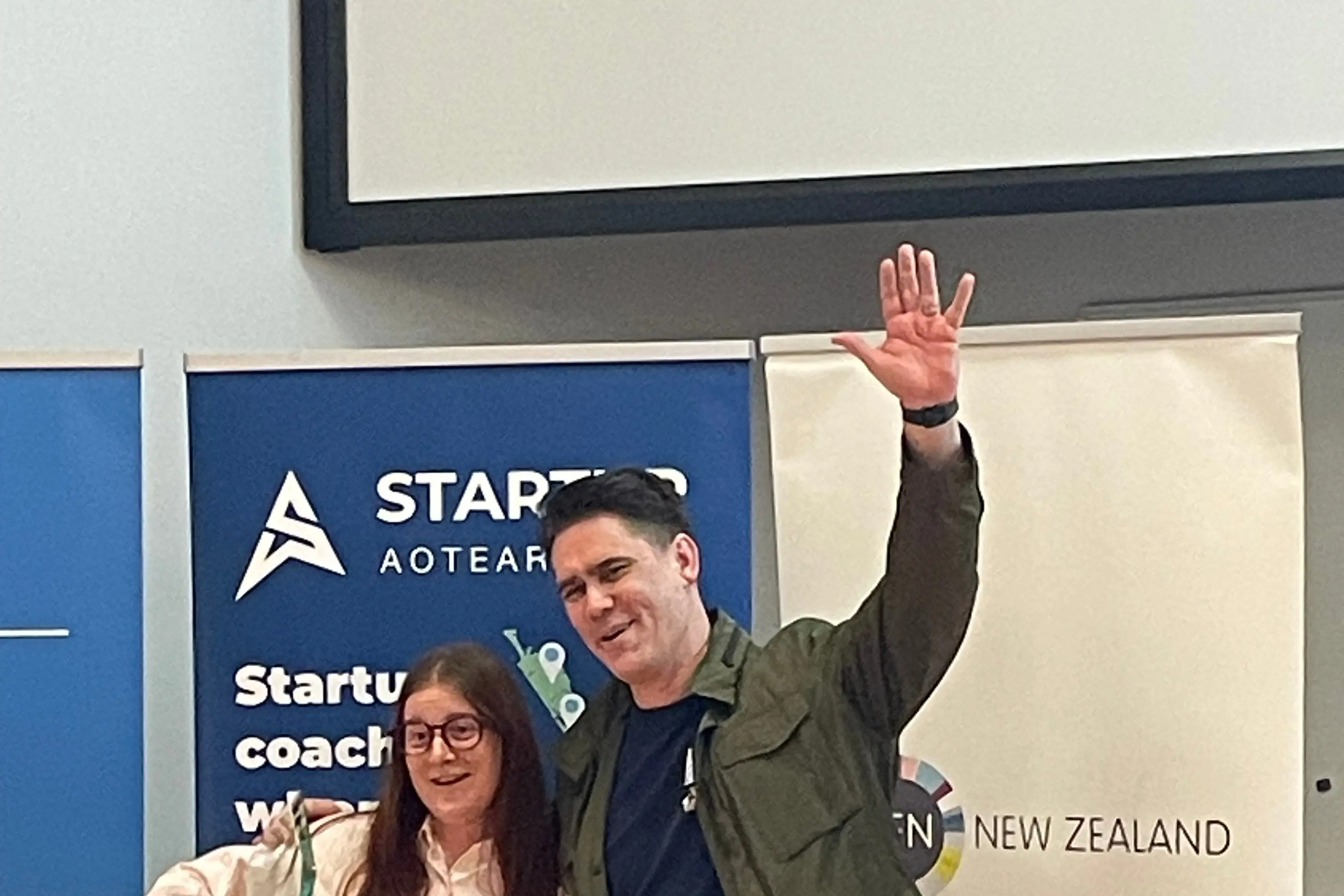 Startup Dunedin acting general manager Grace Esterman and Somar Digital founder Aaron Scott celebrate success at the Gen NZ Awards in Wellington. Photo: supplied