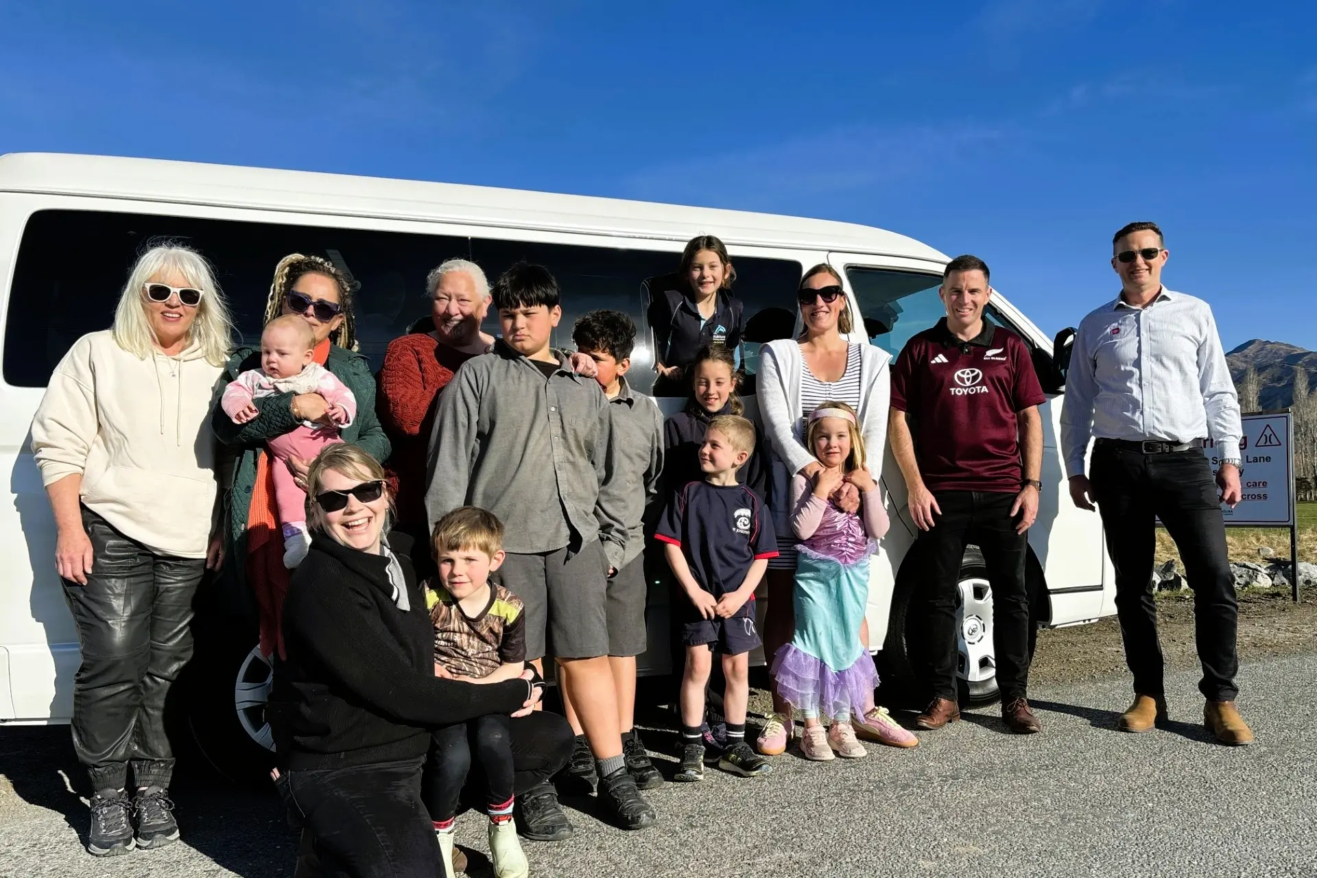 Journey joy: From left, Kaik\\u014Dura District Council Regulatory Administration Officer Fiona Buchanan, Kaik\\u014Dura District Council Recovery Manager Joanna York, Bonnie Taylor, Zoe Howden with her son Dalton Howden, Ata Kahu, Horiszn Kahu and Shaden Kahu, Tessa Taylor, Indie Taylor, Weston Howden, Bub Taylor, Ria Taylor, Blenheim Toyota CEO Scott McDermid and Blenheim Toyota Branch Manager Cory Rowden. Photo: Supplied