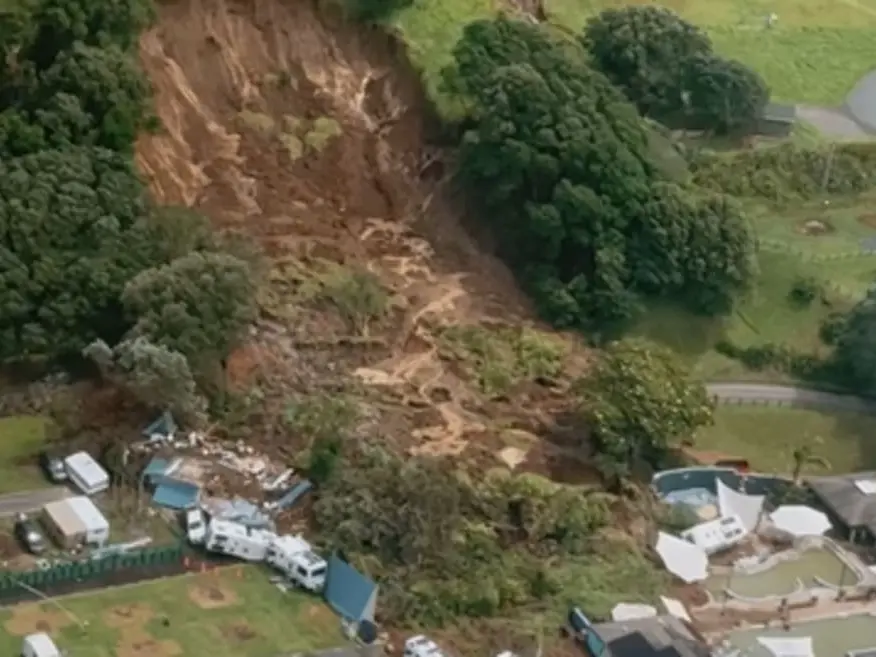The slip at Mauao, Mount Maunganui as seen from the air. Photo: Screengrab / Amy Till