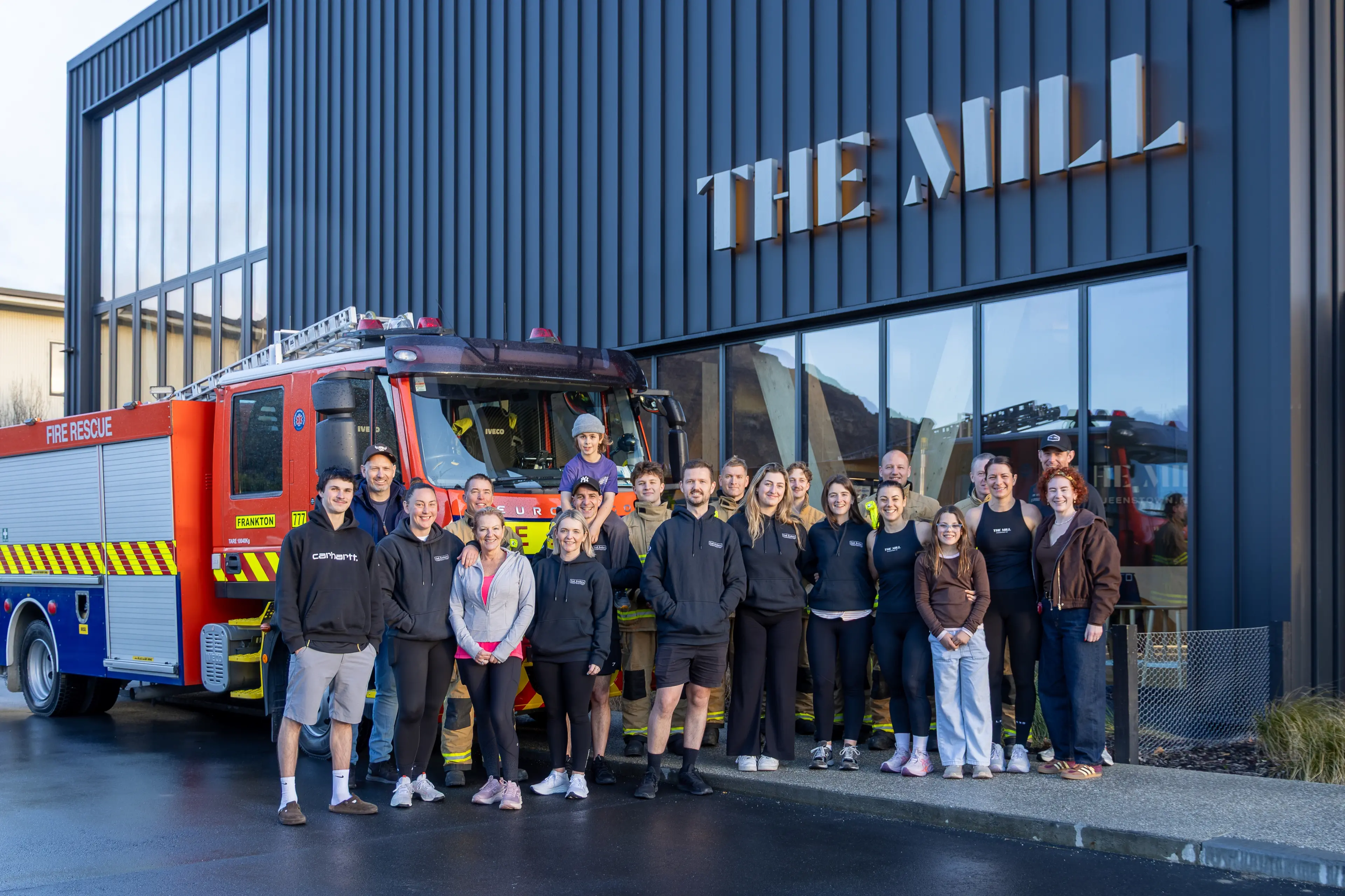 Mission accomplished: Some of the Cook Brothers Construction Queenstown team, supporters, volunteer fireys and The Mill staff pictured after a 24-hour treadmill fundraiser for the Whakatipu\\'s fire brigades, which raised more than $20,000. Photo: Cook Brothers Construction