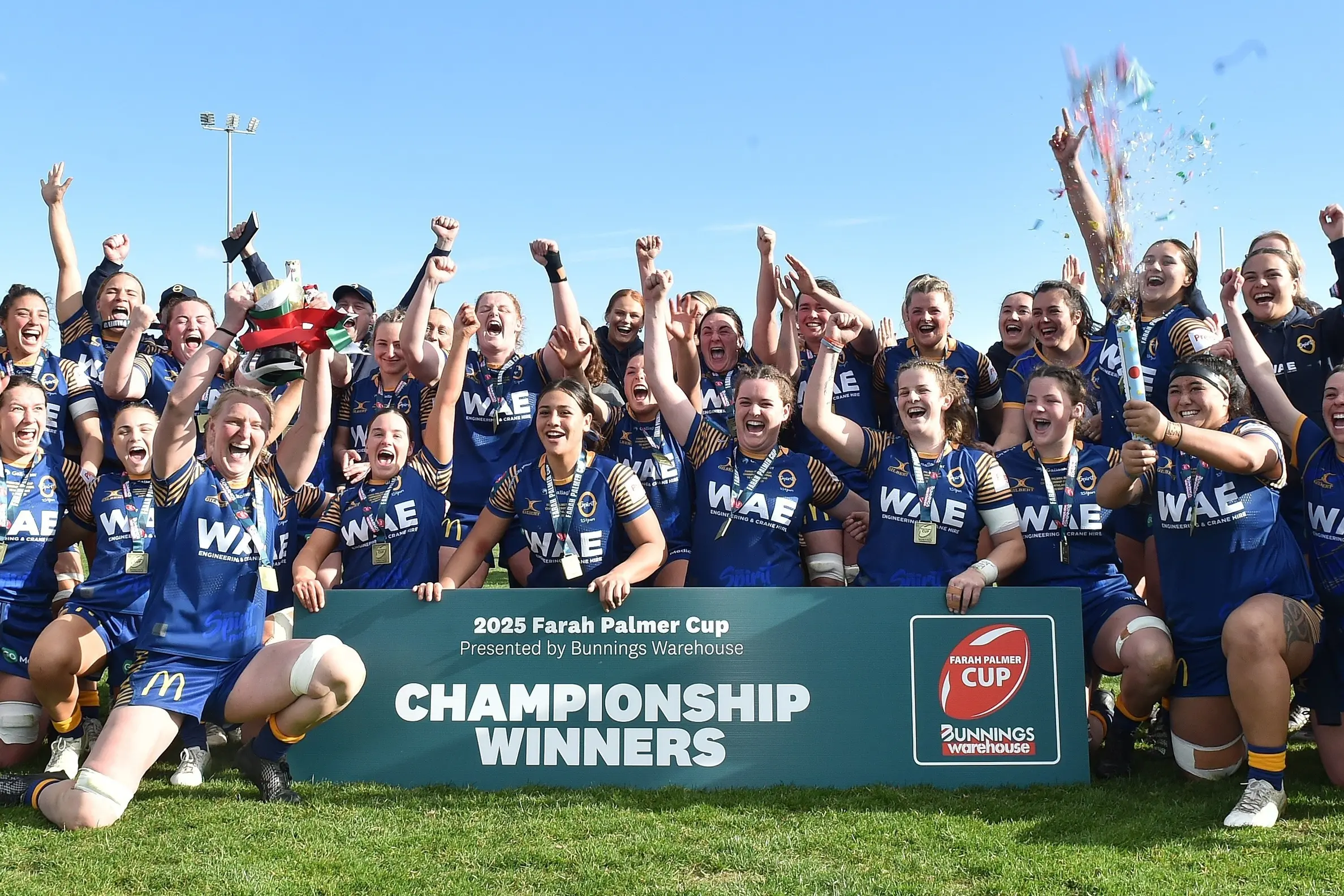 The Otago Spirit celebrate winning the Farah Palmer Cup Championship last year. Photo: Gregor Richardson