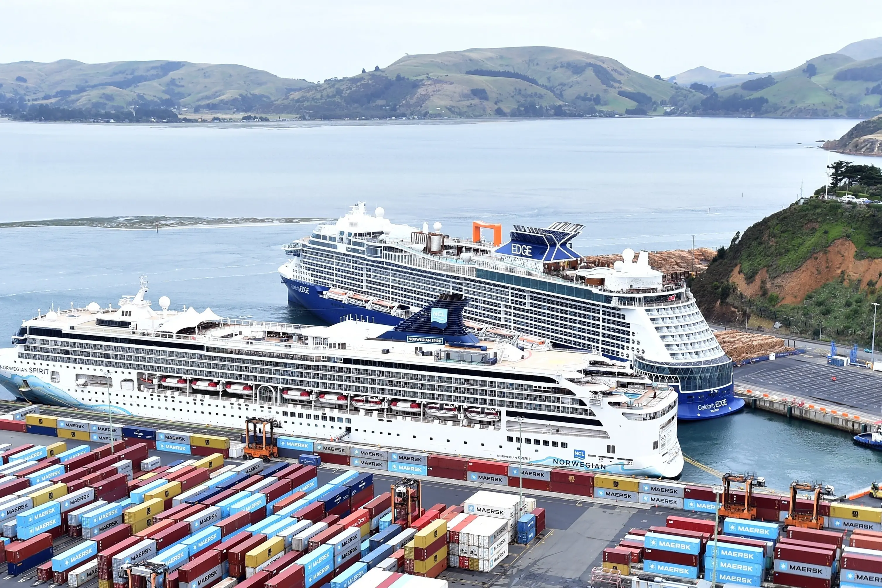 Criuse ships \"Norwegian Spirit\" and \"Celebrity Edge\" at Port Chalmers last season. Photo: Peter McIntosh