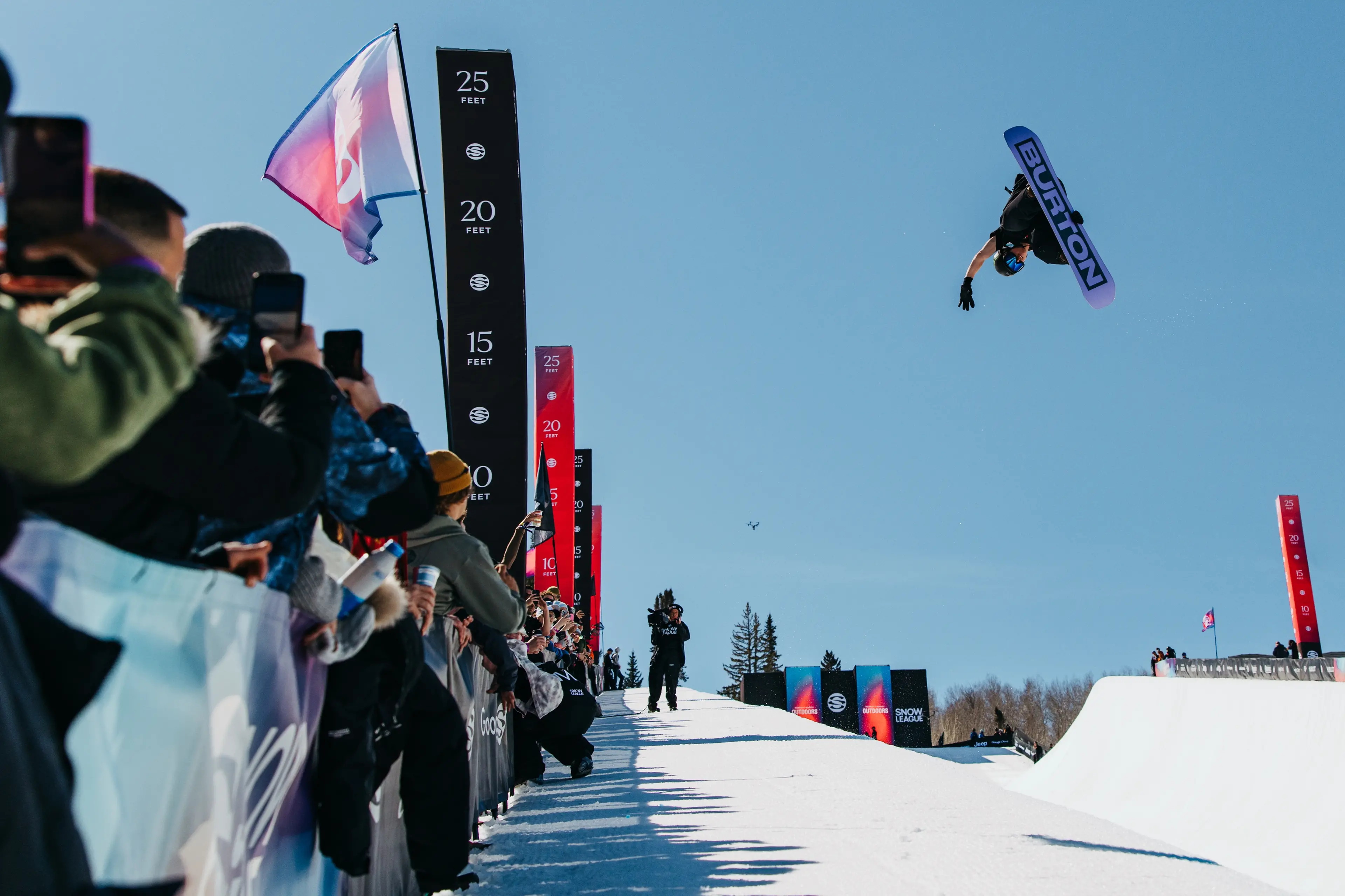 Cam Melville Ives gets airborne at the Snow League event at LAAX in Switzerland in March 2026. Photo: Jennifer Lang