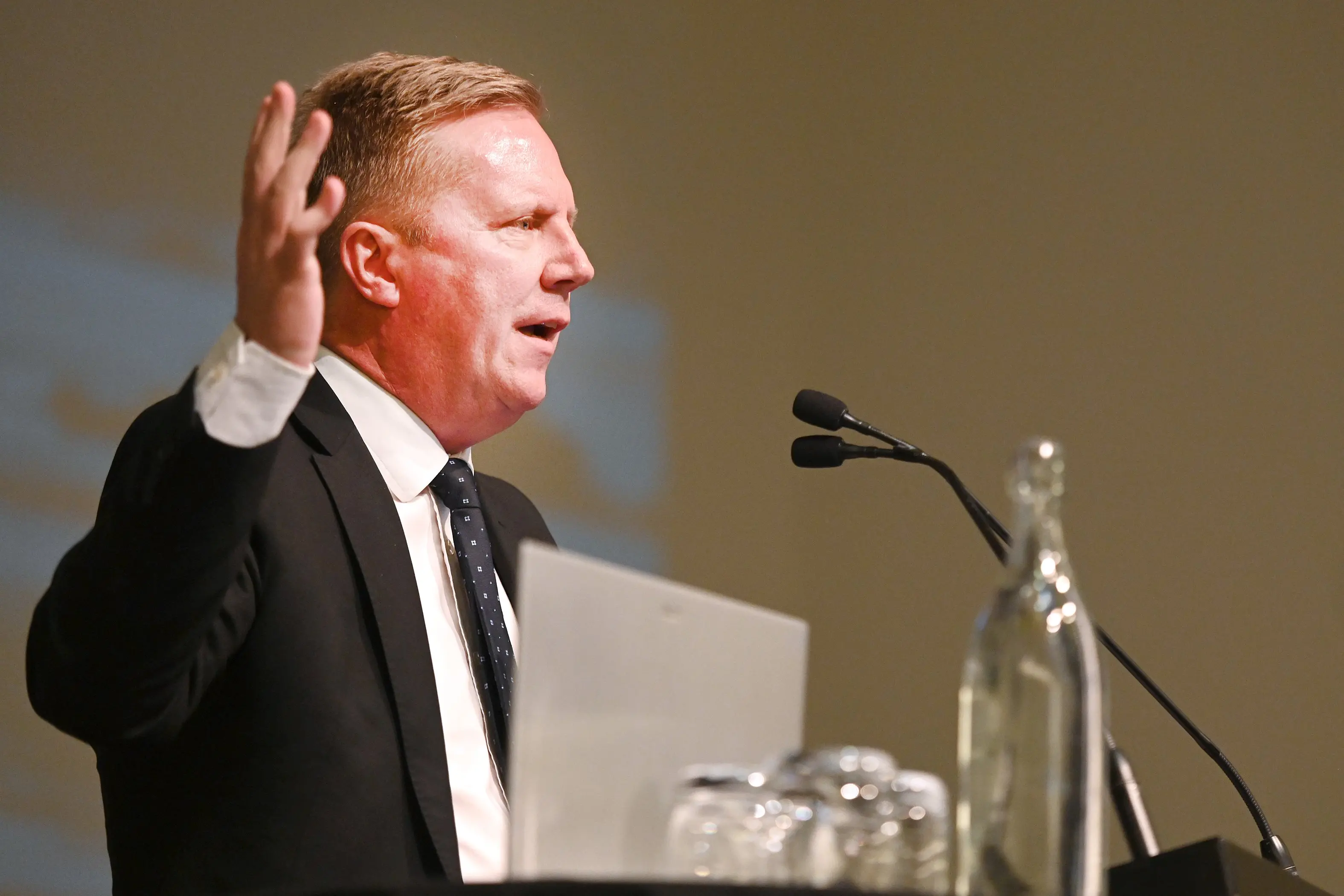 Forestry minister Todd McClay speaks at the NZ Institute of Forestry Conference at the Glenroy Auditorium on Thursday. Photo: Linda Robertson