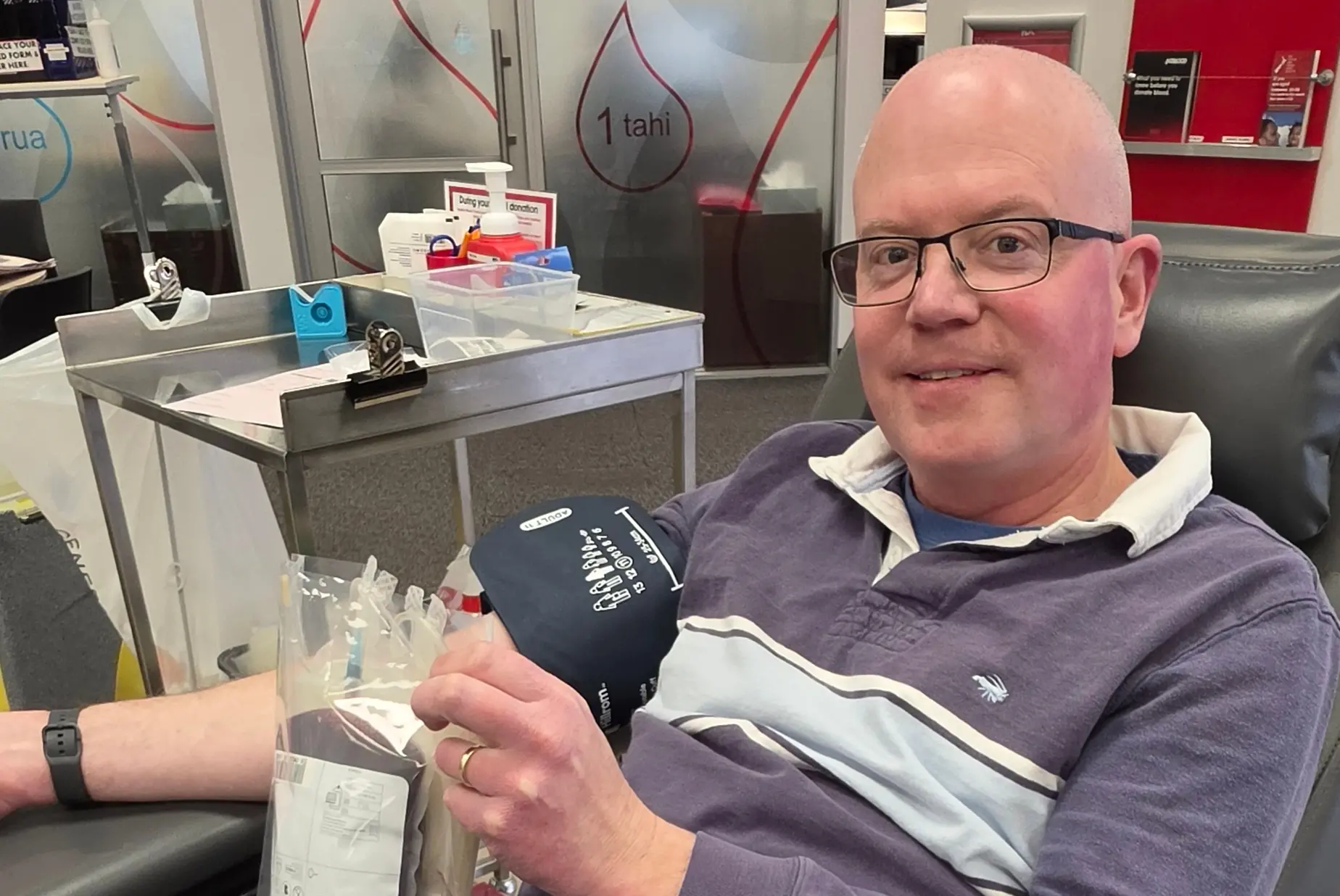 O- blood donor Jonathan Bolton makes his 19th blood donation at the New Zealand Blood Dunedin blood collection centre on Thursday. Photo: Supplied
