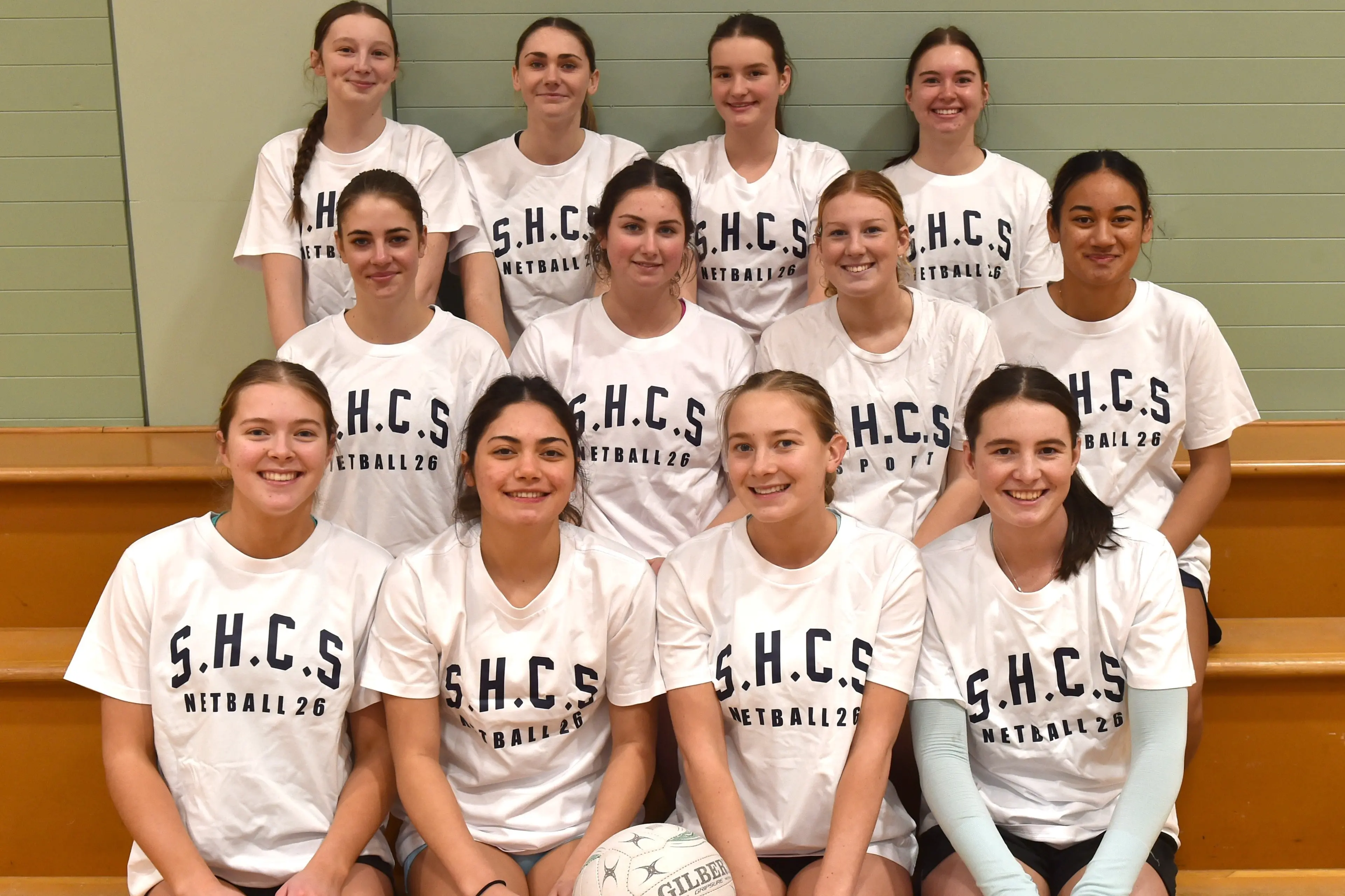 St Hilda\\'s senior A netballers ready for the South Island secondary schools tournament are (front from left) Charlotte Watkins, Ayla Johnston, Camryn Tutty, Ruby Hore; (middle row from left) Isla Turner, Mia Wall, Bella McEntyre, Kymorah Taiala and (back from left) Caitlyn Ring, Charlee Farquhar, Marley Hore and Tessa Steele. Photo: Gregor Richardson