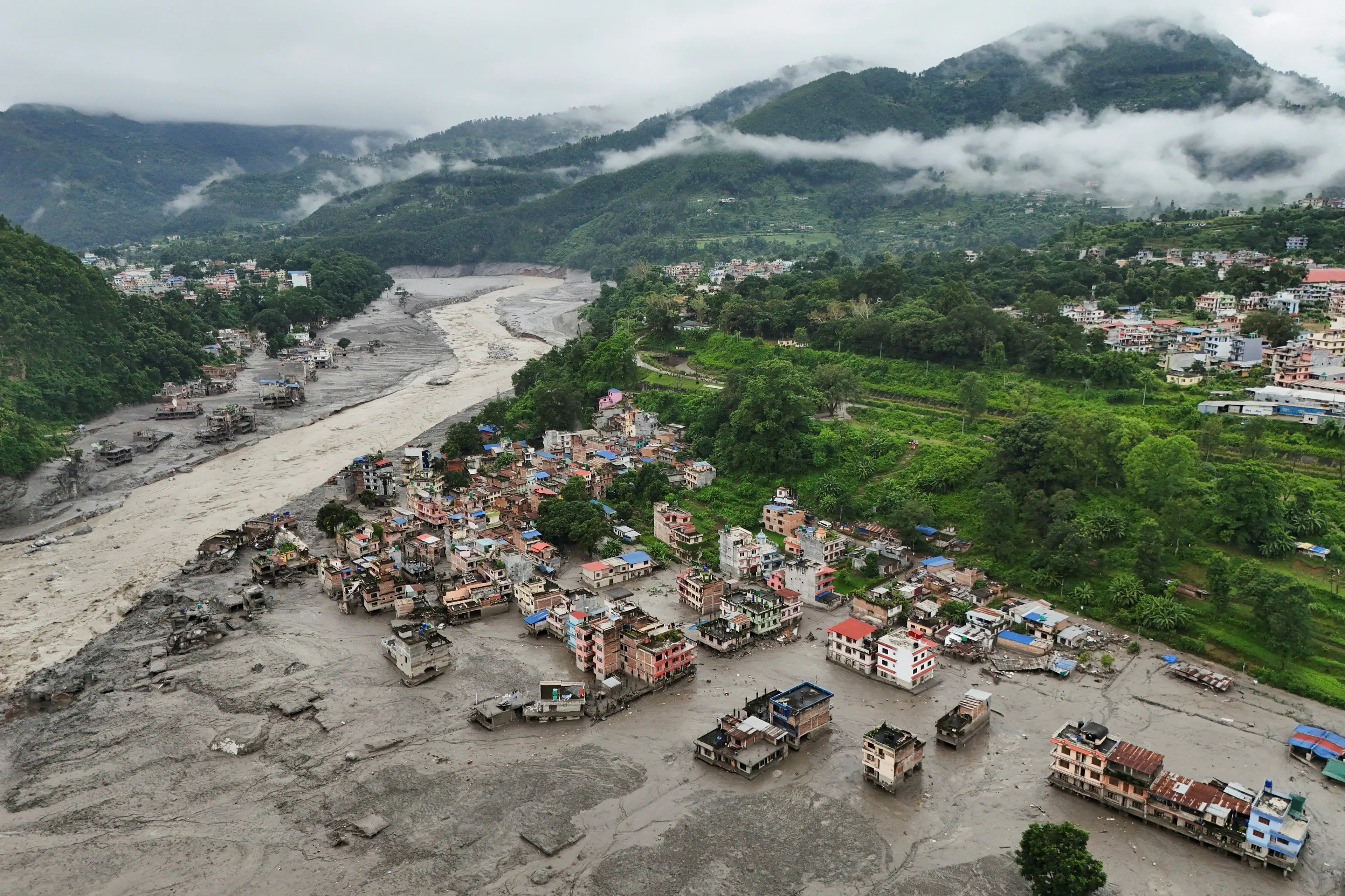 A drone view shows mud covering buildings and property following the deadly flash flooding in Trishuli, Nuwakot district of Nepal. Photo: Reuters
