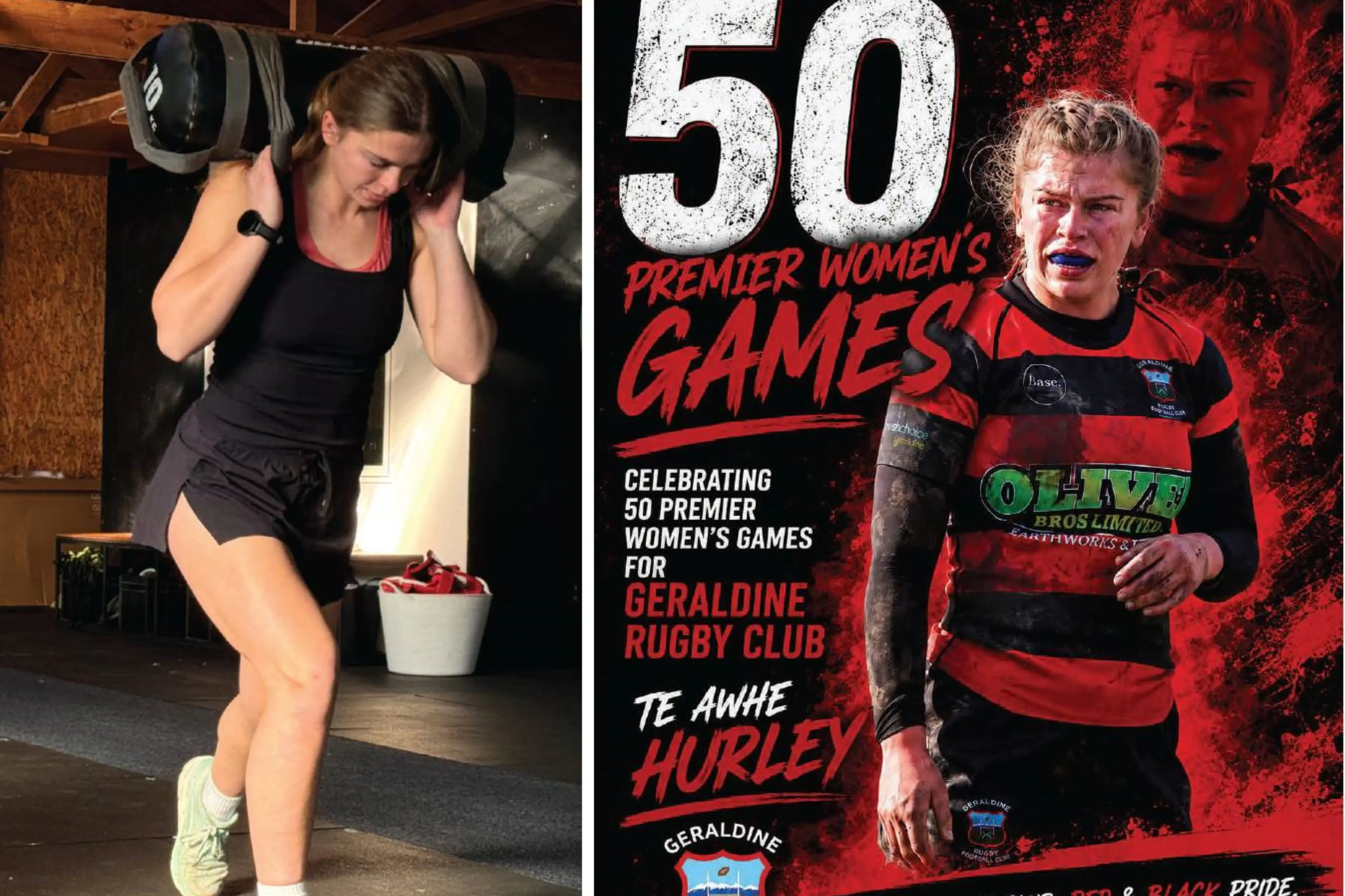 Te Awhe Hurley in training for October\\'s solo Limit Zero Hyrox Simulation event. At right - Geraldine Rugby Club\\'s salute to Te Awhe\\'s 50-game achievement.