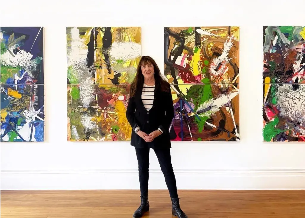 Philippa Blair in 2022 with some of her work. Photo: Philippa Blair archival photographs, collection of Alice L. Hutchison