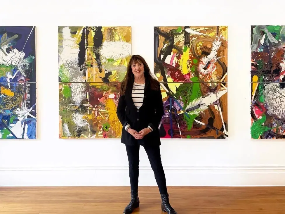 Philippa Blair in 2022 with some of her work. Photo: Philippa Blair archival photographs, collection of Alice L. Hutchison