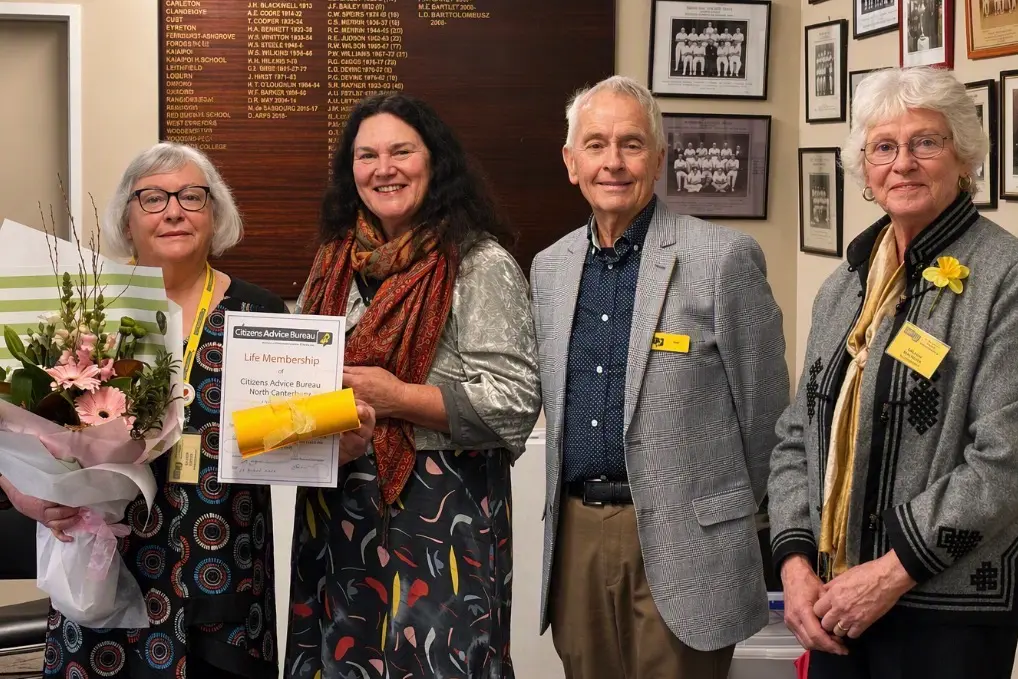 Life membership . . . Theresa Evans (left) work over the past 20 years for the CAB North Canterbury has been recognised withte awarding of a Life Membership. She is joined by Kerry Dalton, Chief Executive, CABNZ, Neil Lancaster, National President, CABNZ, and Adrienne McGowan, Chairperson, CAB North Canterbury. Photo: Supplied