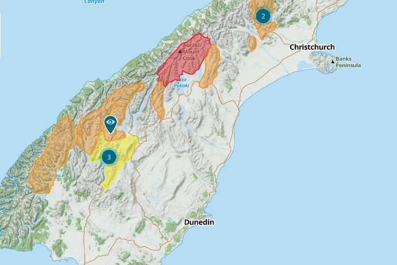 <p>Warnings remain in place across the Arthur's Pass, Aoraki Mt Cook, Ohau, Queenstown, W\\u0101naka, and Aspiring regions. Image: Screenshot/NZ Avalanche Advisory</p>\\n