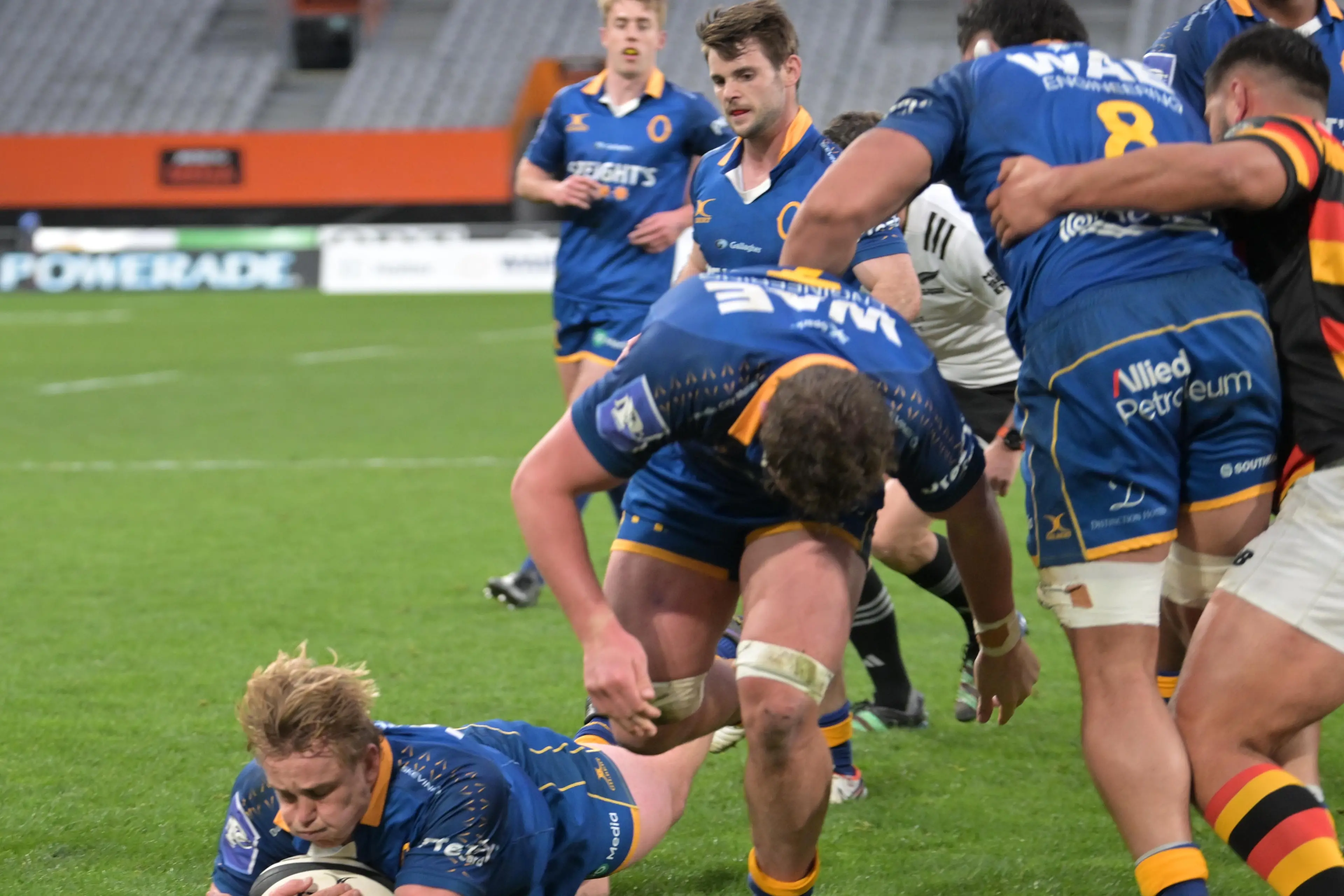 Otago hooker Henry Bell crashes over for a try against Waikato at Forsyth Barr Stadium on Saturday night. Photo: Gerard O\\'Brien