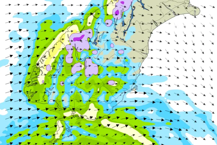 <p>Strong westerlies are set to buffet the lower South Island, bringing squally showers, hail and snow to mountain passes. Image: MetService</p>\\n