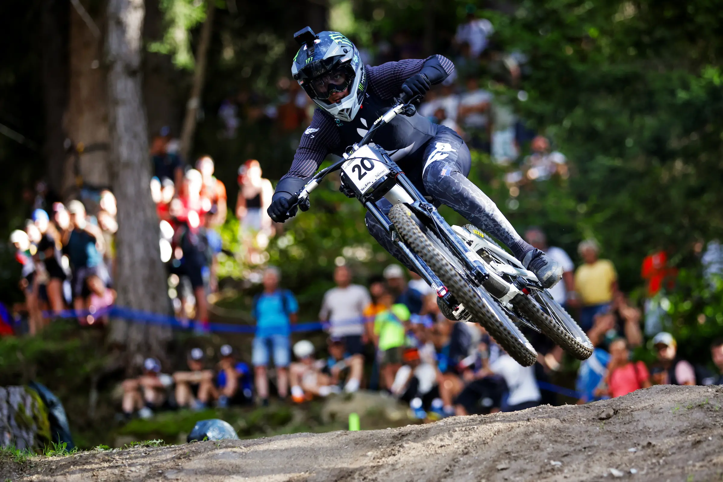 New Zealand mountain biker Lachlan Stevens-McNab navigates the downhill course during the world championships at Val di Sole, Italy. Photo: SWpix