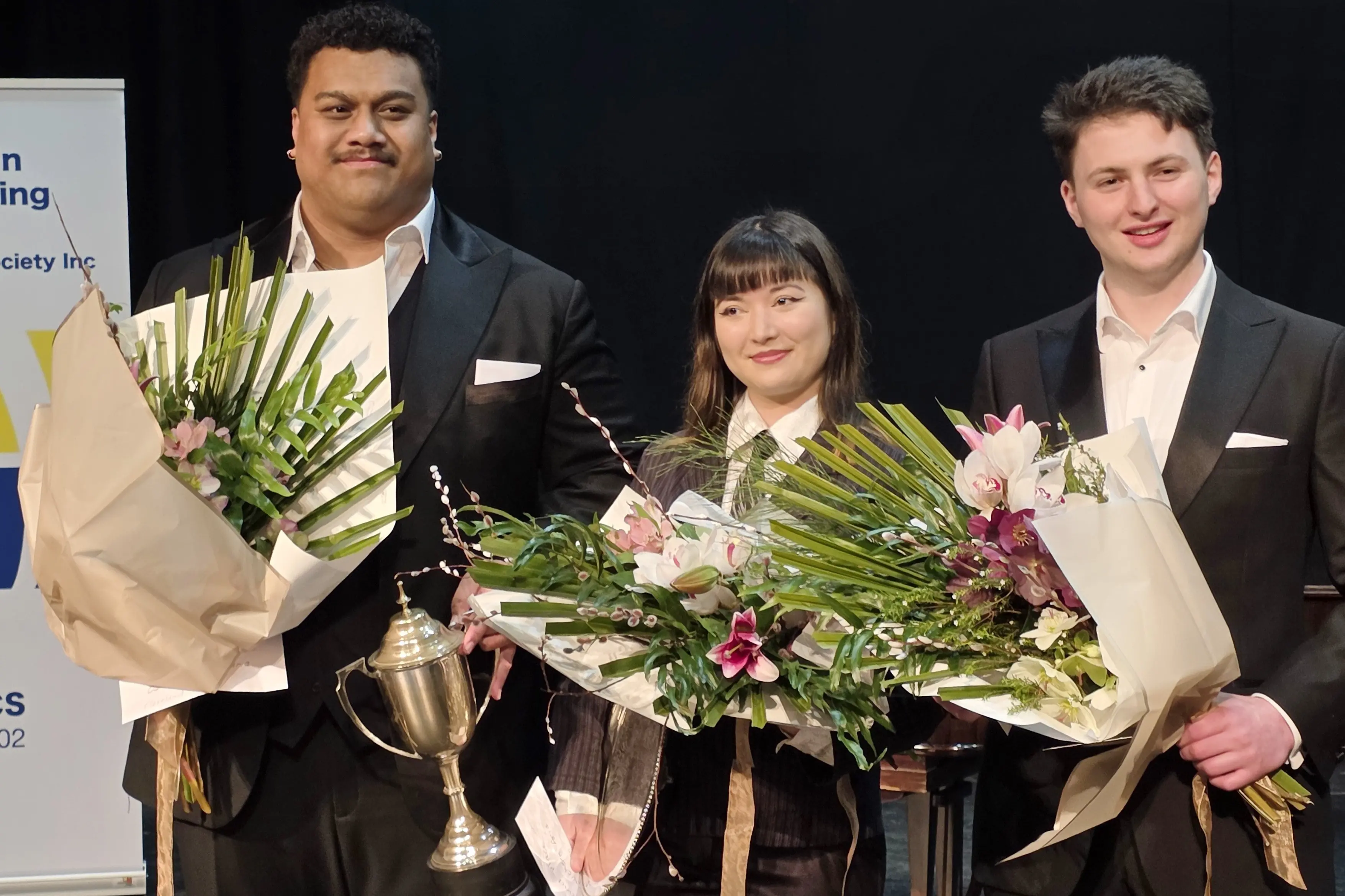 The top place-getters in the Otago Daily Times aria competition are (from left) winner Faamanu Fonoti Fuimaono, runner-up Cadence Chung and third-placed Kieran Kelly. Photo: Supplied