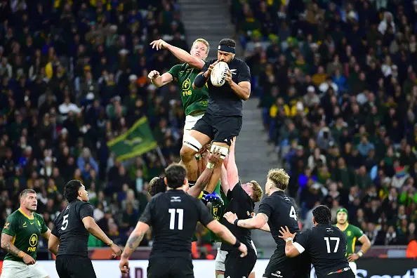 Pieter-Steph du Toit and Patrick Tuipulotu battle during a lineout in the second test match between South Africa and the All Blacks at DHL Stadium on August 29. Photo: Getty Images