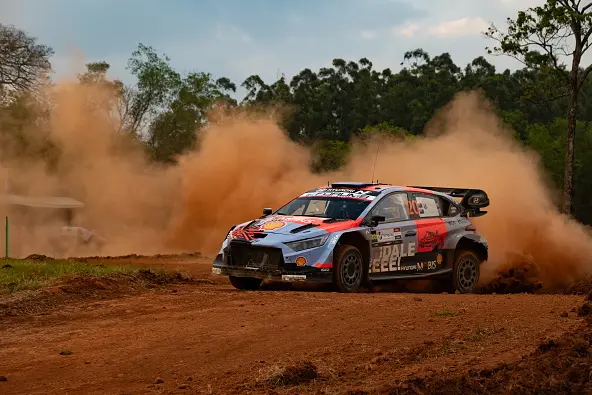 Hayden Paddon and co-driver John Kennard race during the first day of the race at the FIA World Rally Championship WRC Ueno Rally Del Paraguay in Encarnacion, Paraguay. Photo: Getty Images