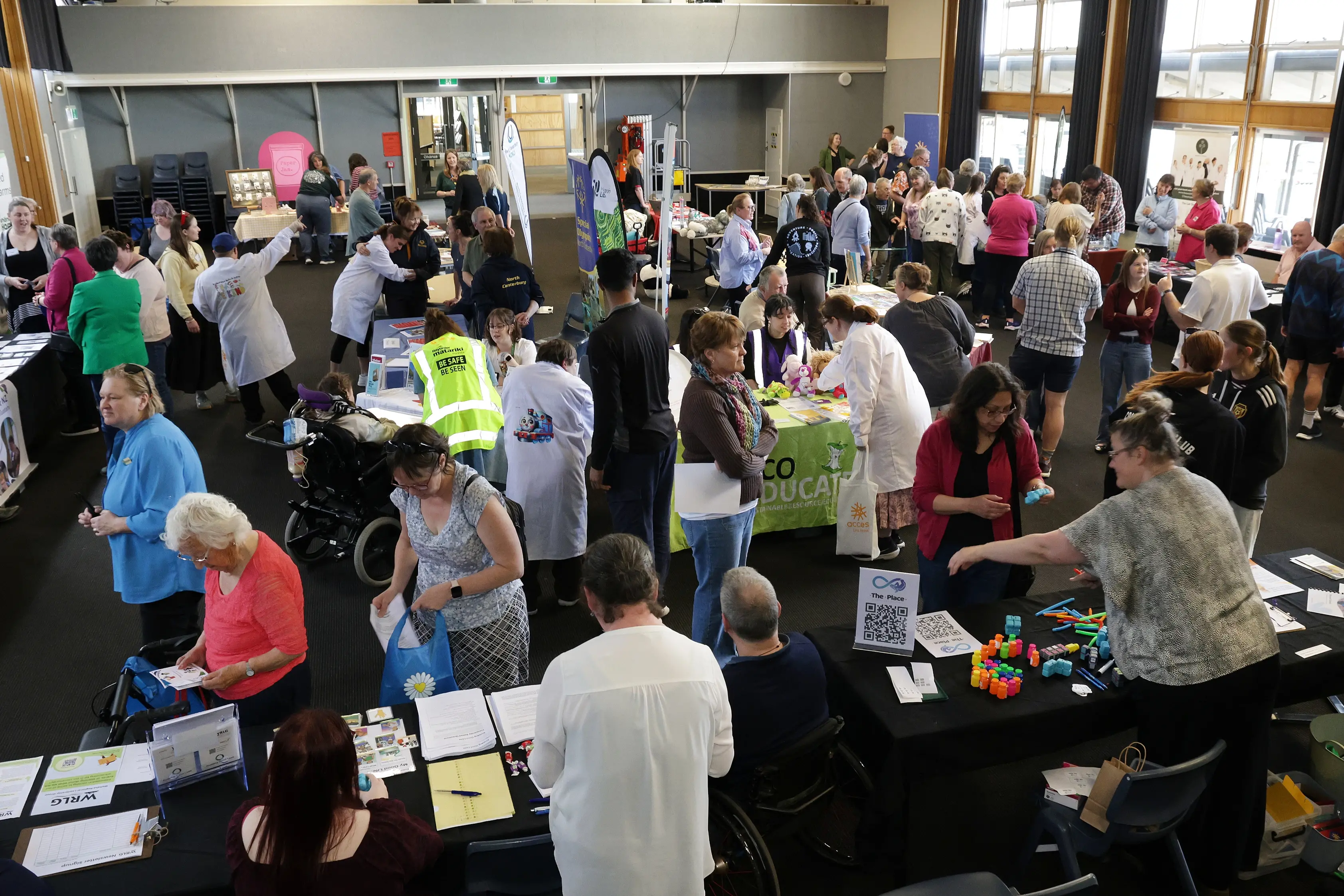 On show . . .The crowded Rangiora High School Hall at the Disability Expo held on Saturday. Photo: John Cosgrove