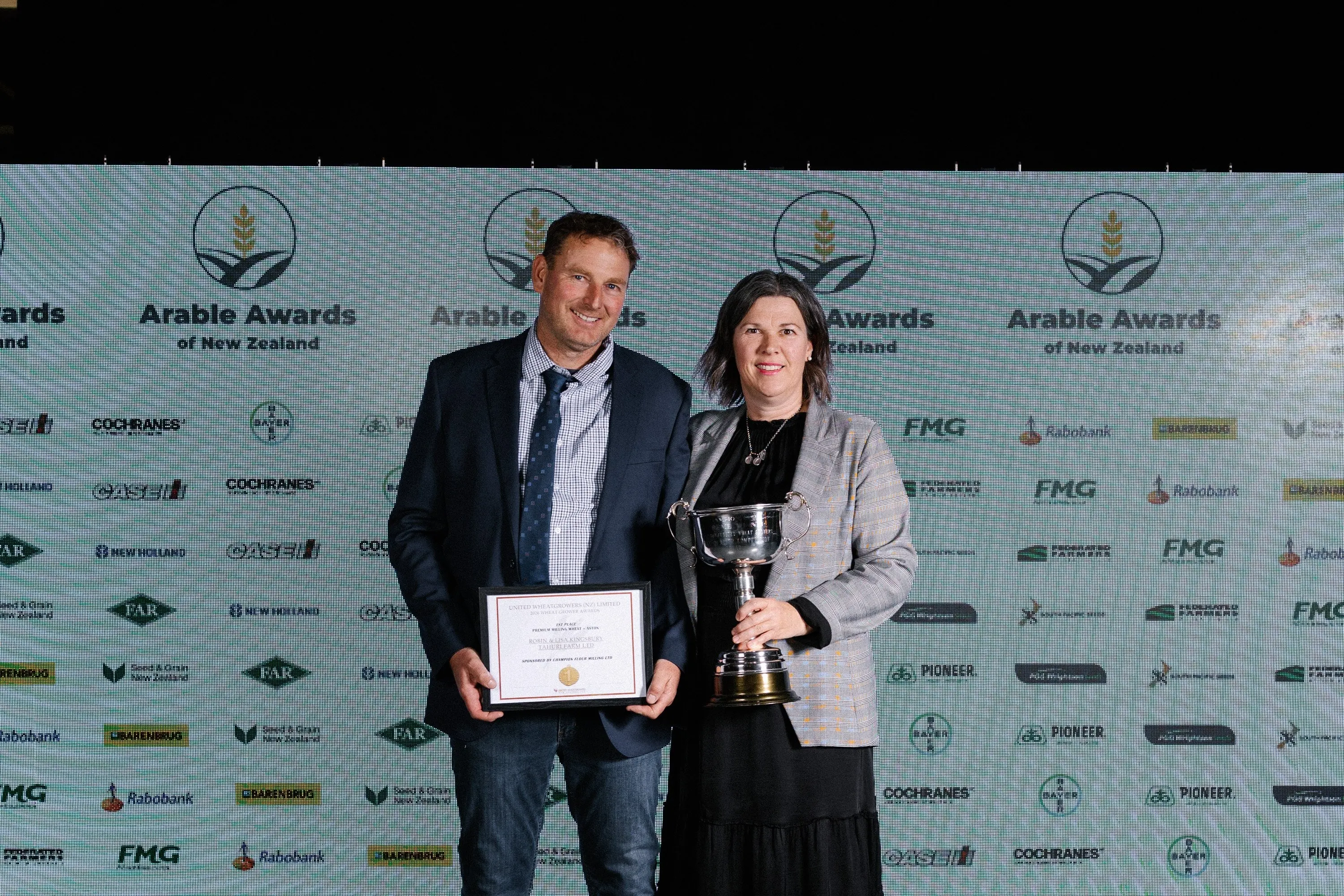 Robin and Lisa Kingsbury of Dorie won the premium milling wheat award at the 2026 United Wheat Grower Awards. Photo: Supplied
