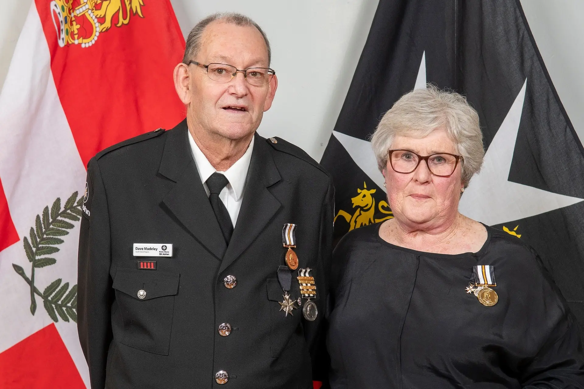 Honoured . . . Dave Madeley and Judith Hoban, who were awarded Gold Service Medals for 50 years of service to Hato Hone St John at the recent North Catnerbury annual awards. Photo: Supplied