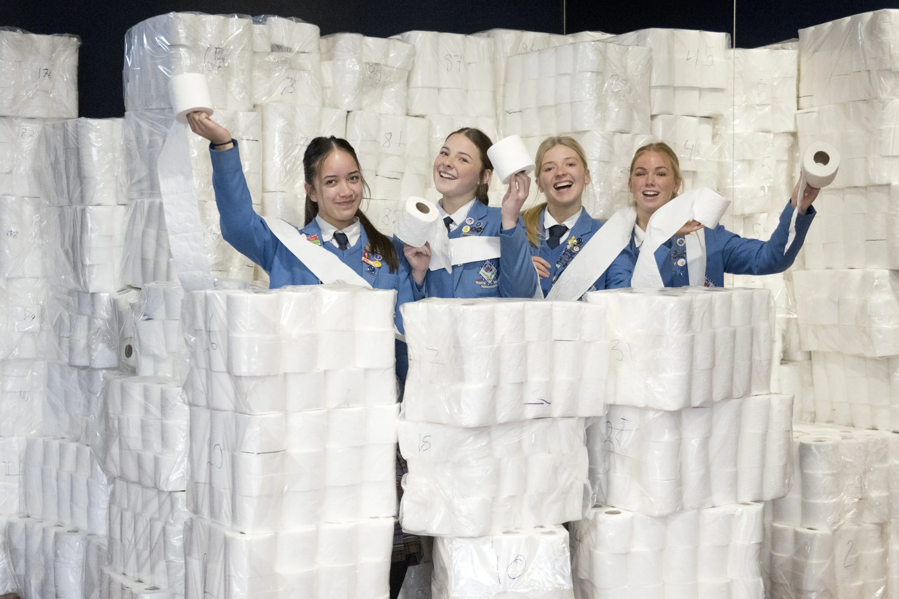 Year 12 Queens Highschool students (from left) Te Marama Ngatae, 16, Brooke Wilson, 16, Annie Tocher 16, and Stasa Tucker, 16, are fundraising by selling toilet paper. Photo: Gerard O\\'Brien
