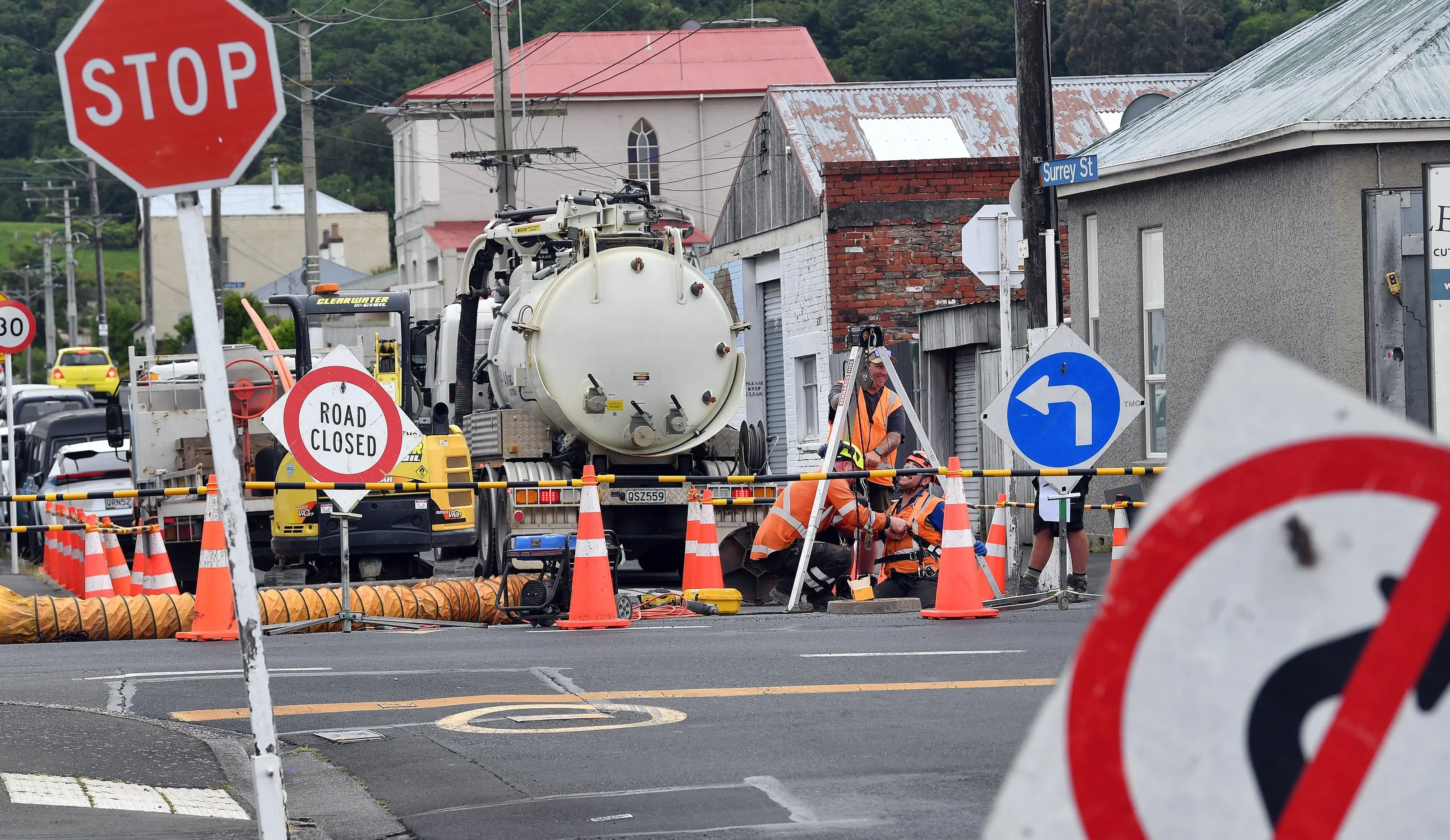 Contractors working on Surrey St\\'s pipes on late last year. PHOTO STEPHEN JAQUIERY