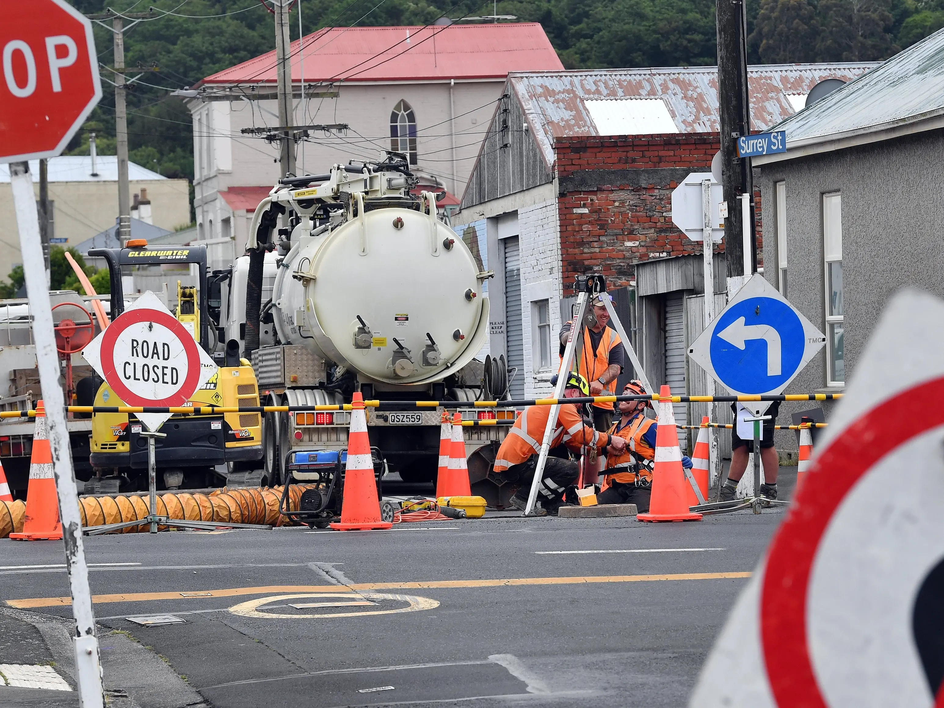 Contractors working on Surrey St\\'s pipes on late last year. PHOTO STEPHEN JAQUIERY