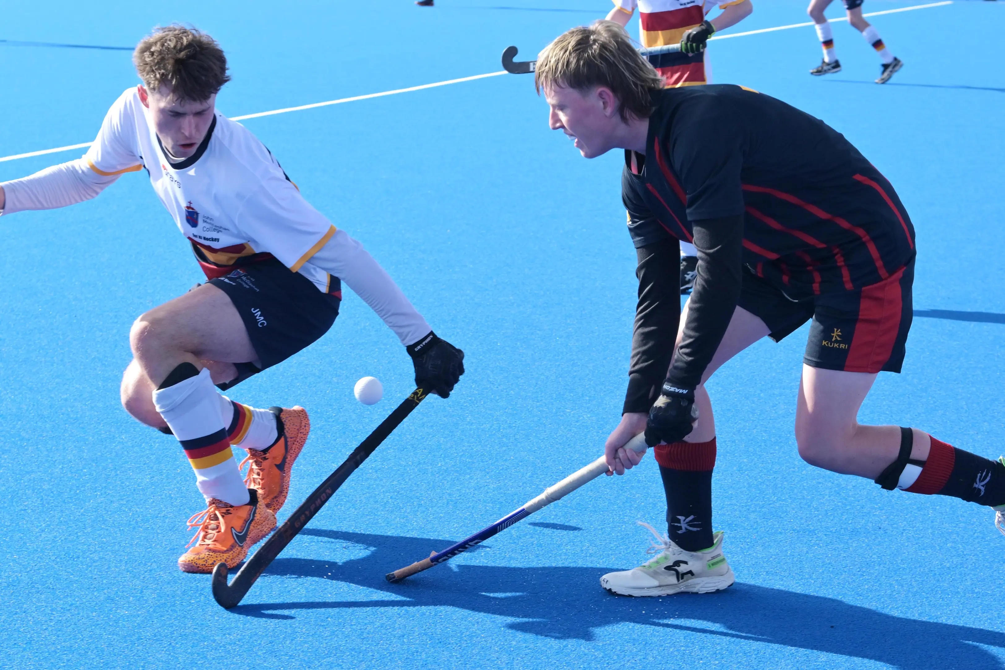 Max Nation (John McGlashan College, left) and Ryder Neilson (Rotorua Boys\\' High School) contest the ball during their Rankin Cup/India Shield hockey game at the McMillan Centre. Photo: Gerard O\\'Brien