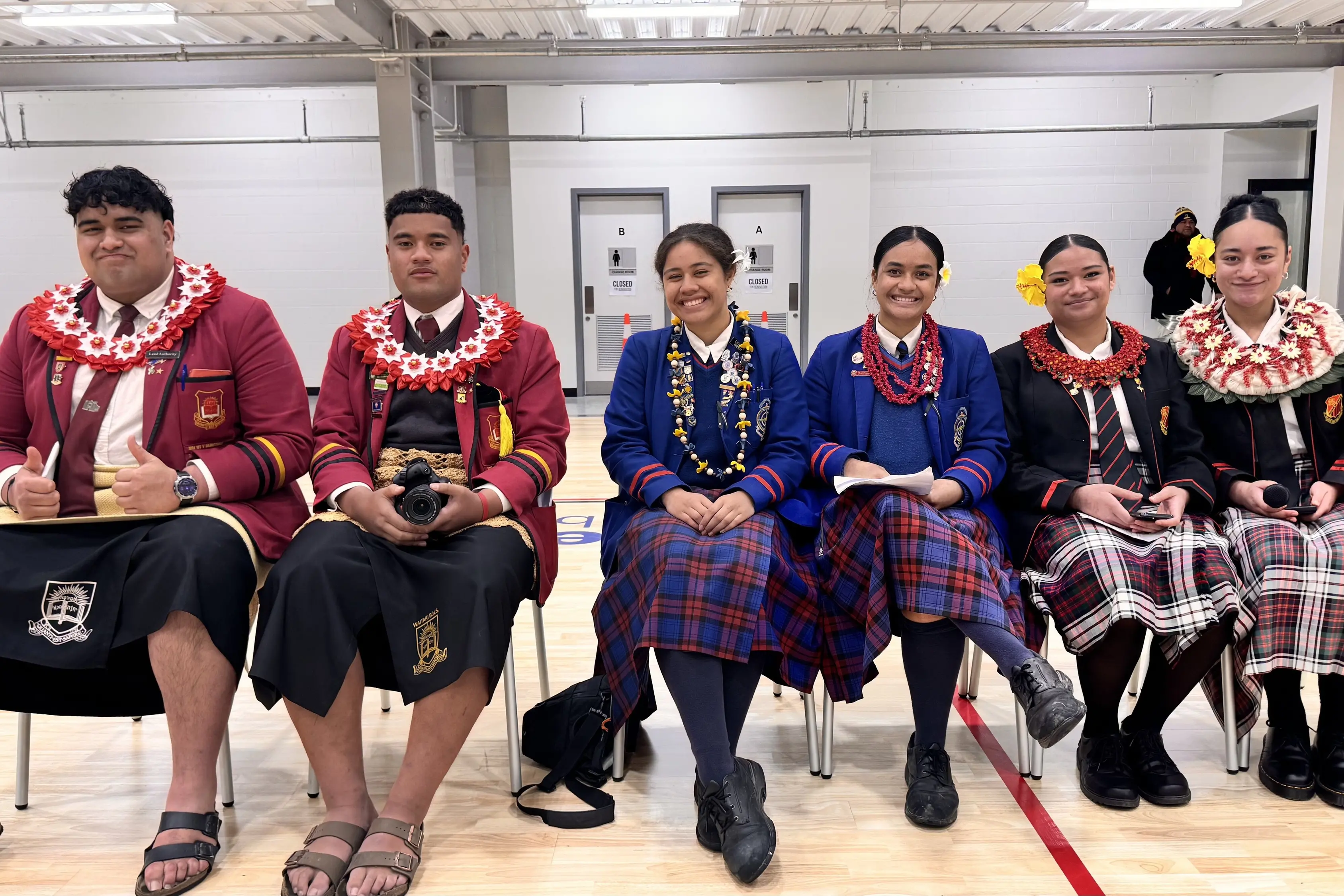 The MCs for the Fiefia celebration at the Network Waitaki Event Centre are (from left) Waitaki Boys\\' High School pupils Jahlin Marsters-Taupo and Apisai Tapa\\u2019atoutai, St Kevin\\'s College pupils Toeafiafi Halalele and Kacymea Pokeiti Kato Tahitu\\u2019a, and Waitaki Girls\\' High School pupils Nancy Vaomotou and Ani Fonua, all 17. Photo: Supplied.