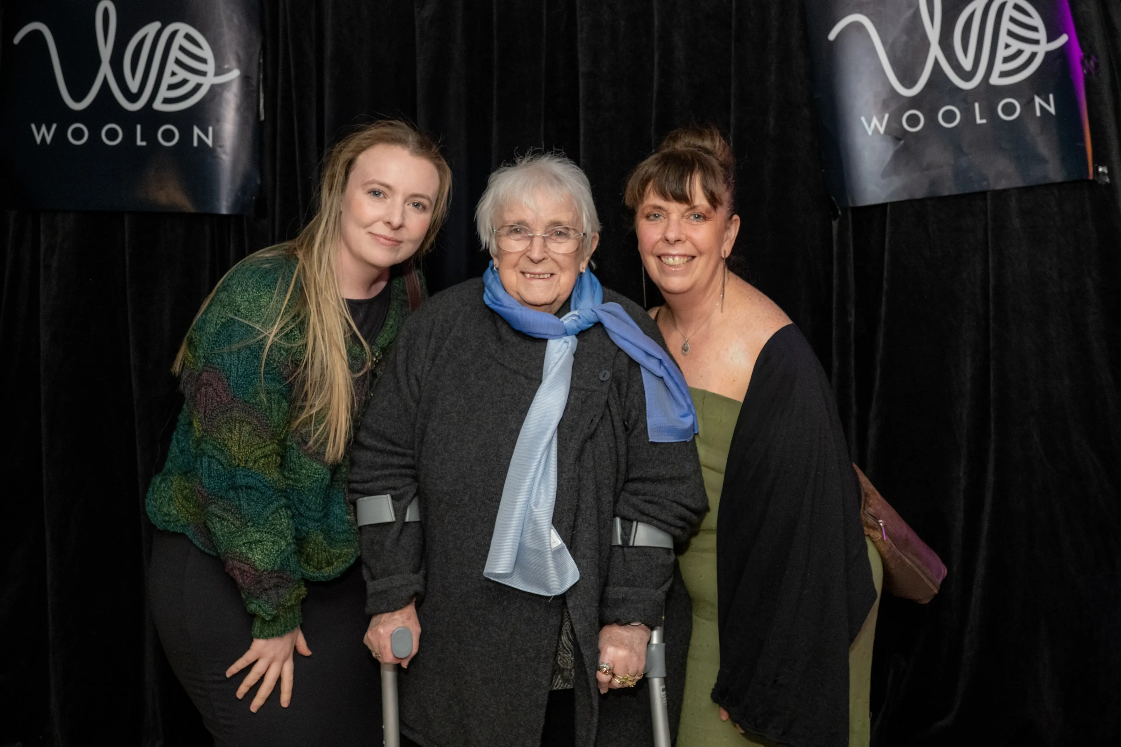 WoolOn 2026 supreme award winner Daphne Randle is congratulated by her granddaughter Brie Davidson (left) and daughter Sherilee Randle after taking out five awards at Saturday\\'s event. Photo: Supplied/Lisa Hill Photography