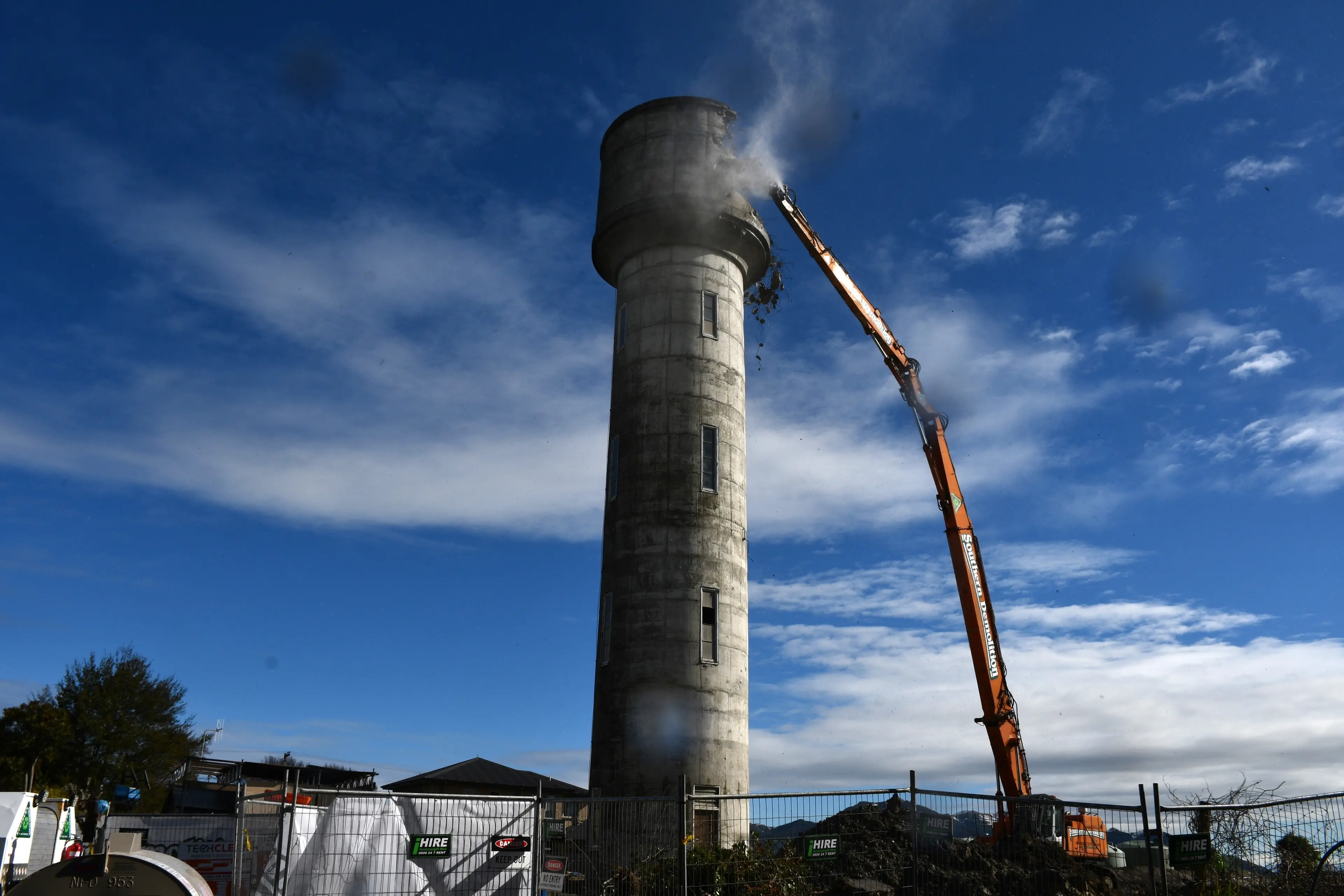 The demolition of the Hilbre Ave water tower began on Tuesday. Photo: Gemma Sinclair