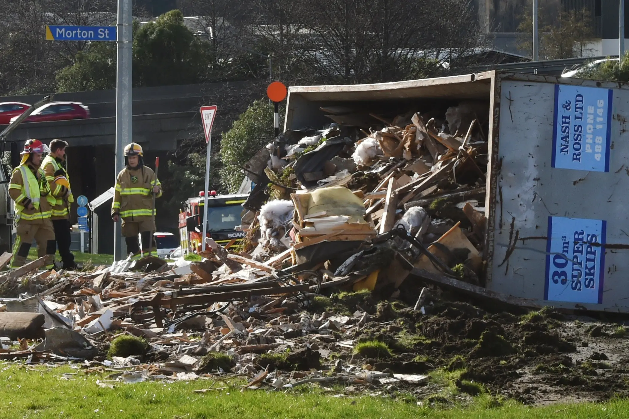 A Nash and Ross truck rolled onto its side on Main South Road near Morton St on Tuesday afternoon. Photo: Gregor Richardson