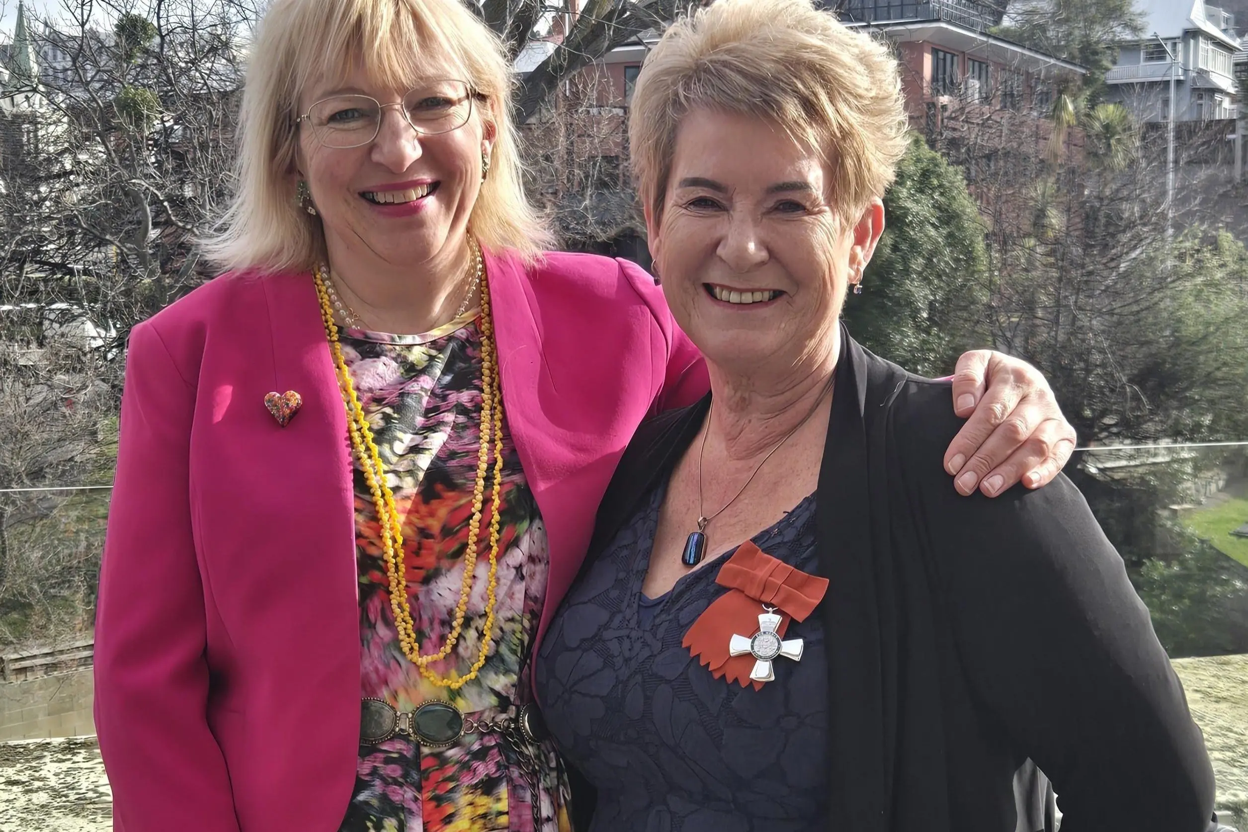 Dunedin Mayor Sophie Barker (left) is pictured with Deb Fraser-Komene, Member of the New Zealand order of Merit for services to mental health and youth, after a reception for King\\'s Birthday Honours recipients hosted this month by Dunedin City Council. Photo: Supplied